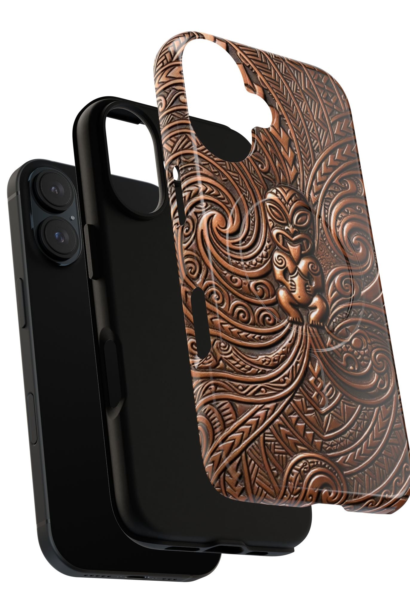 Woman holding Paa Guardian MagSafe iPhone Case - Hawaiian Copper Carved Tiki Polynesian Design - The Local Banyan