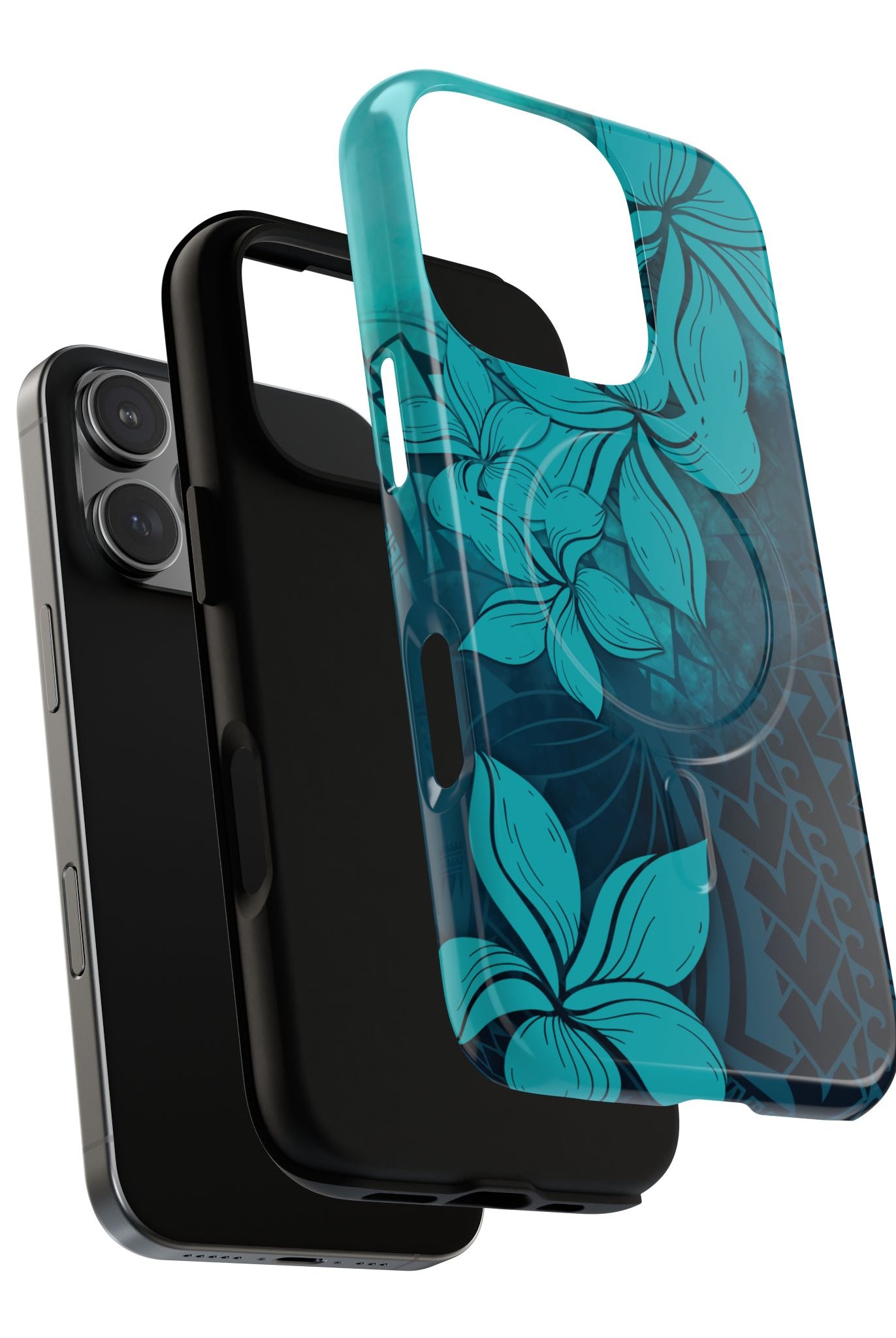Moana Bloom MagSafe iPhone Case Detail View - Hawaiian Teal Plumeria Ocean Tribal Design Close Up - The Local Banyan