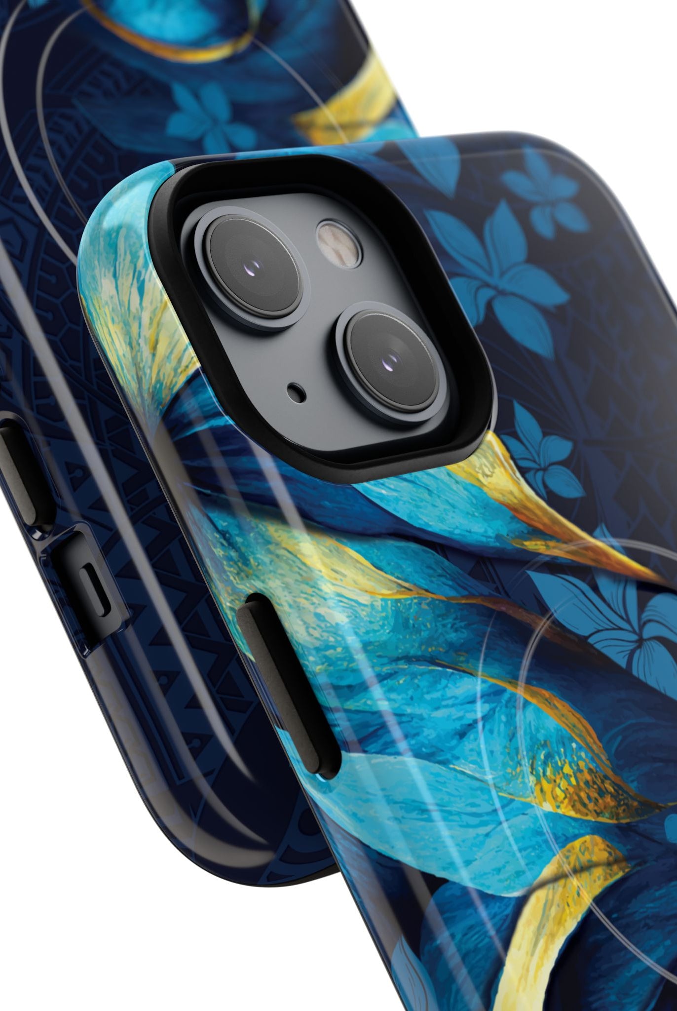 Woman holding Po Mahina MagSafe iPhone Case - Hawaiian Moonlit Teal Gold Floral Design - The Local Banyan
