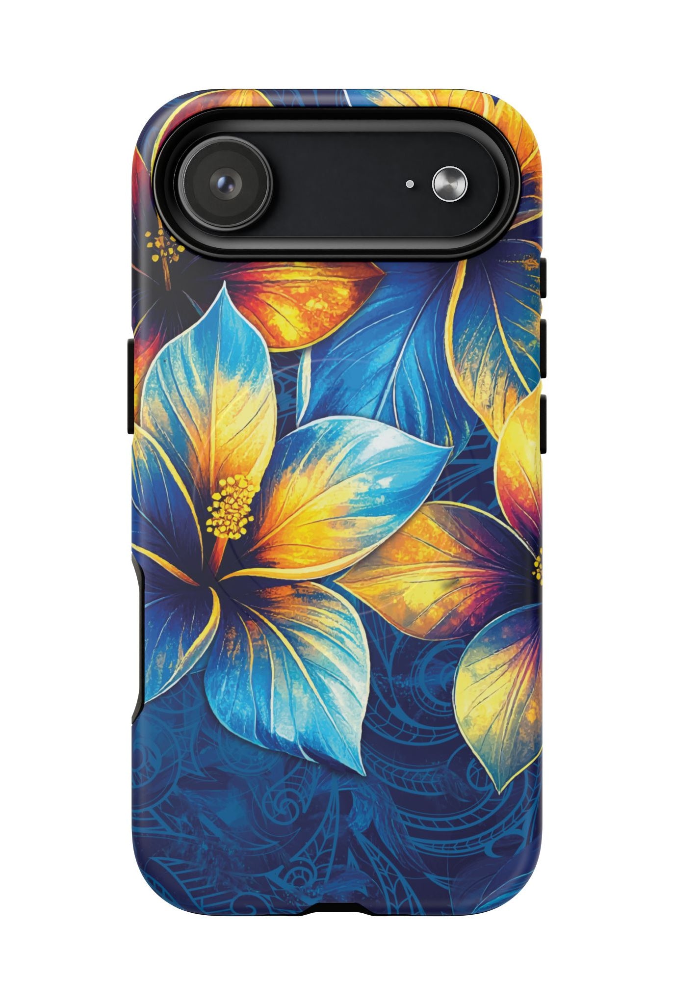 Woman holding Pua La MagSafe iPhone Case - Hawaiian Golden Hibiscus Sun Flower Sapphire Design - The Local Banyan