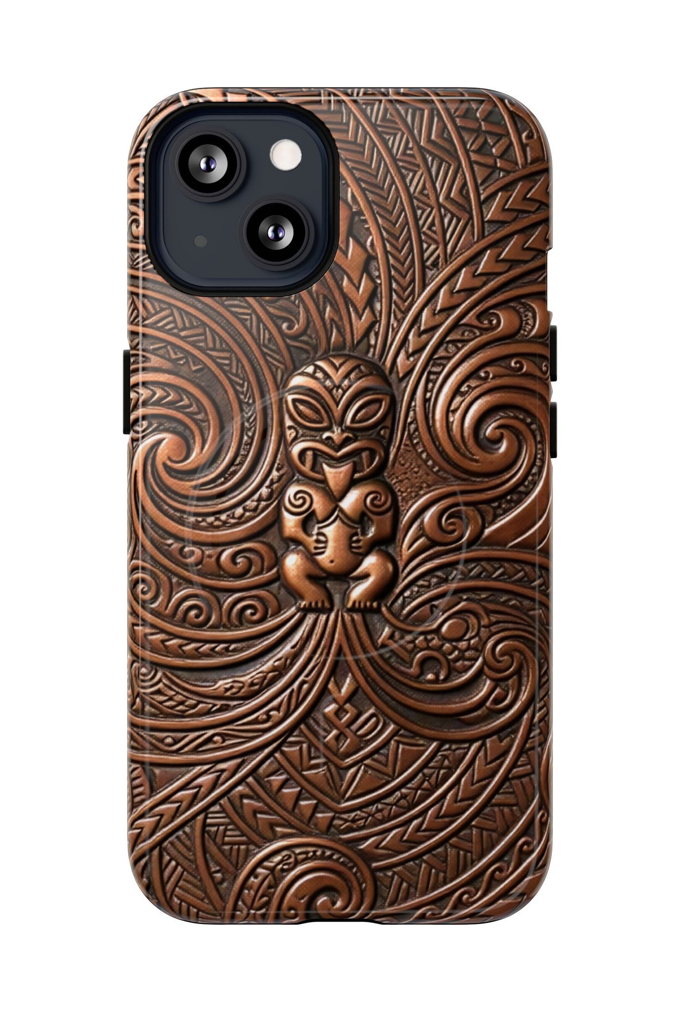 Paa Guardian MagSafe iPhone Case Detail View - Hawaiian Copper Carved Tiki Polynesian Design Close Up - The Local Banyan