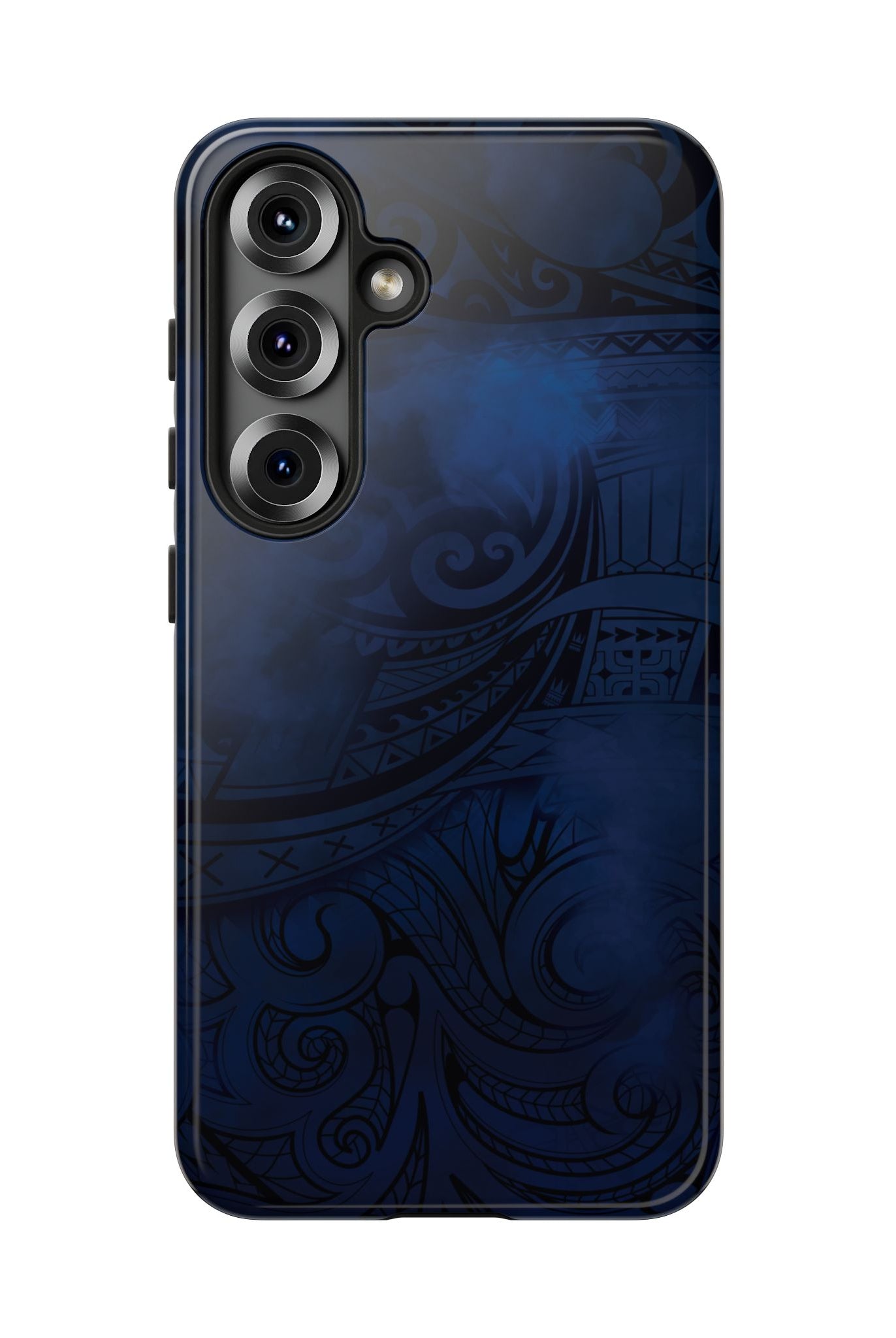 Woman holding Midnight Essence Tough Samsung Galaxy Case - Hawaiian Midnight Navy Polynesian Tribal Design - The Local Banyan