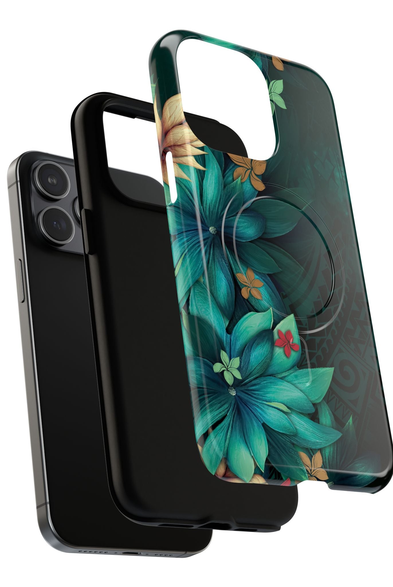 Aloha Whispers MagSafe iPhone Case Detail View - Hawaiian Abstract Green Floral Polynesian Design Close Up - The Local Banyan