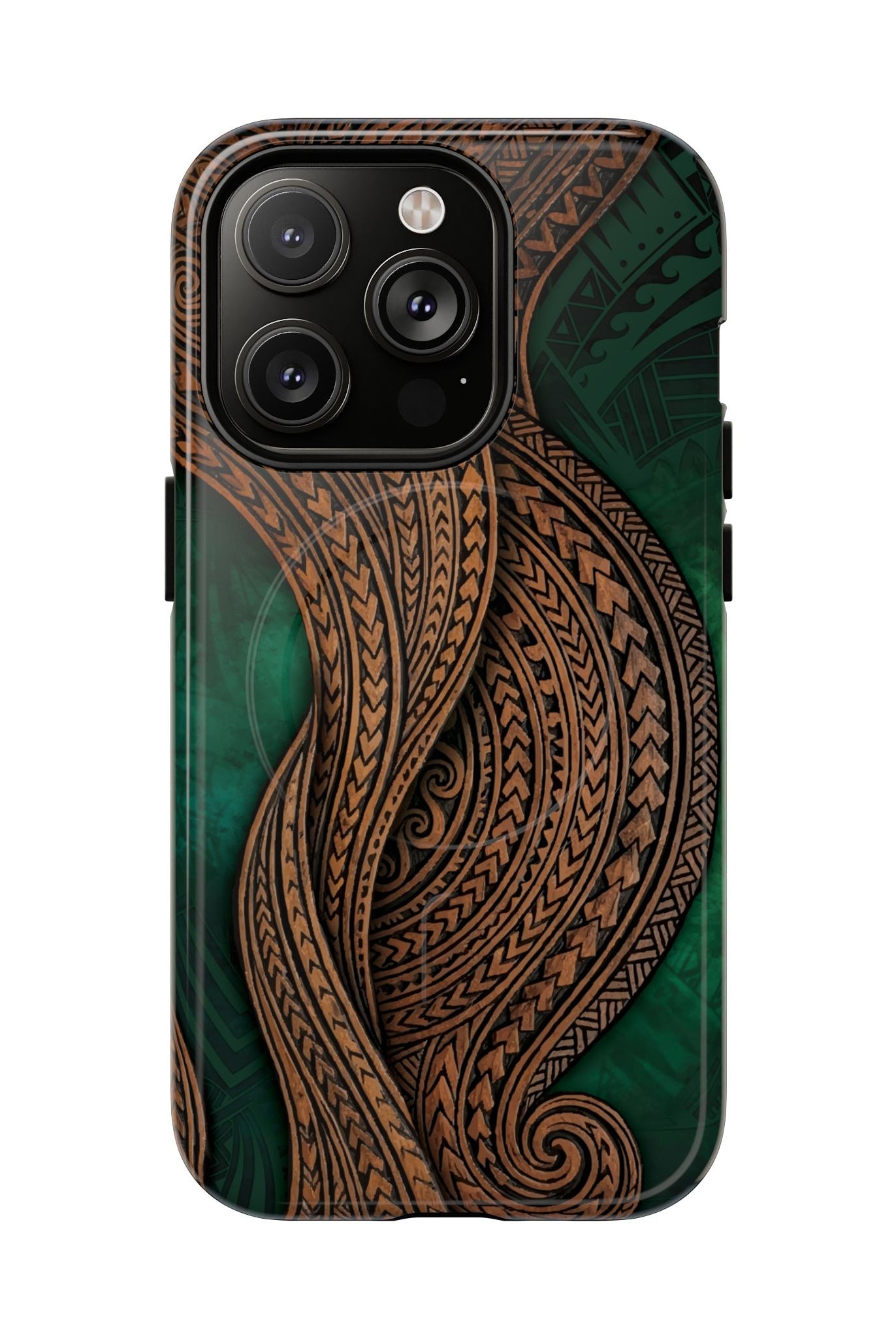 Island Kalai MagSafe iPhone Case iPhone 14 Pro Glossy - Hawaiian Carved Wood Grain Emerald Green Tribal Design - The Local Banyan