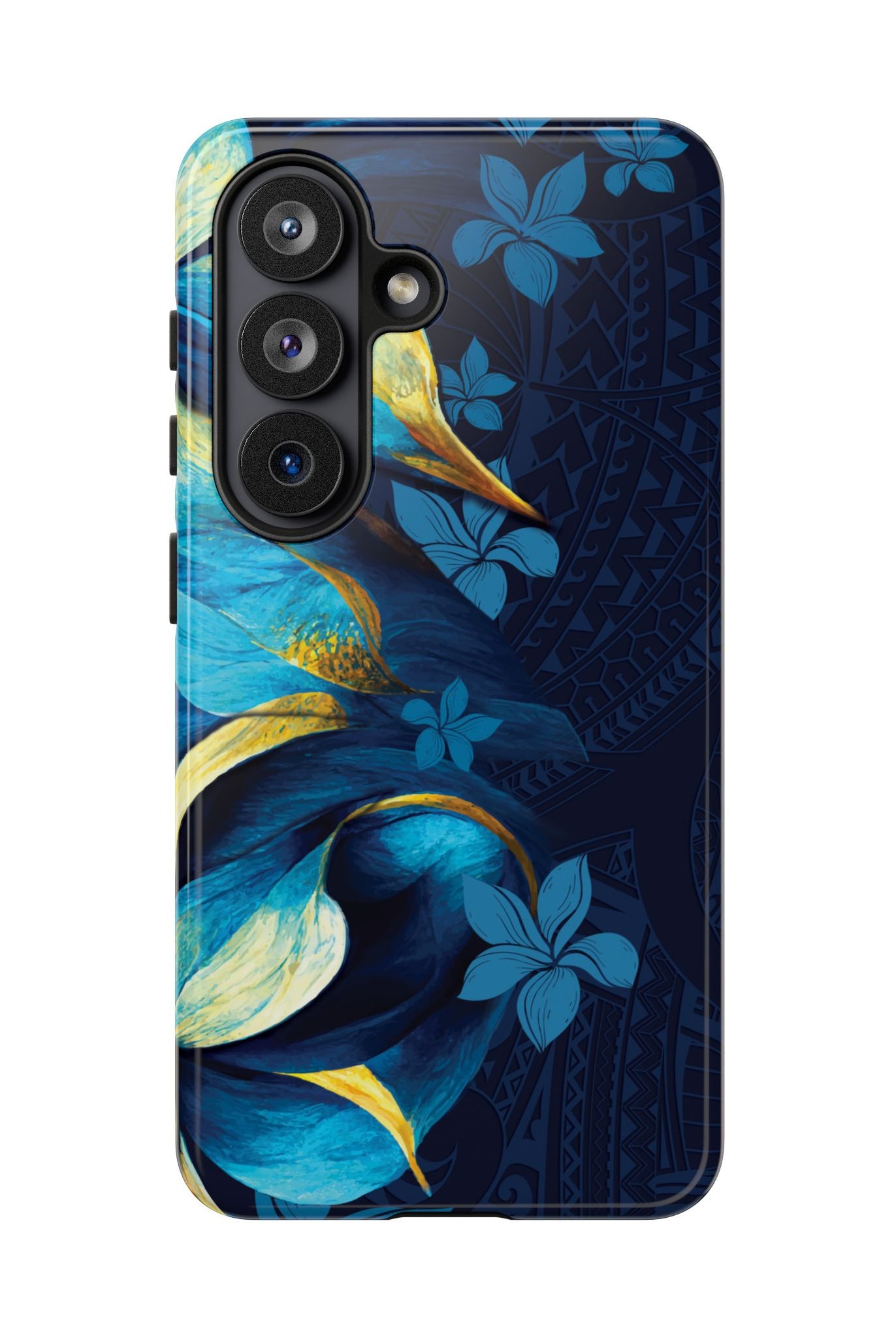 Woman holding Po Mahina Tough Samsung Galaxy Case - Hawaiian Moonlit Teal Gold Floral Design - The Local Banyan