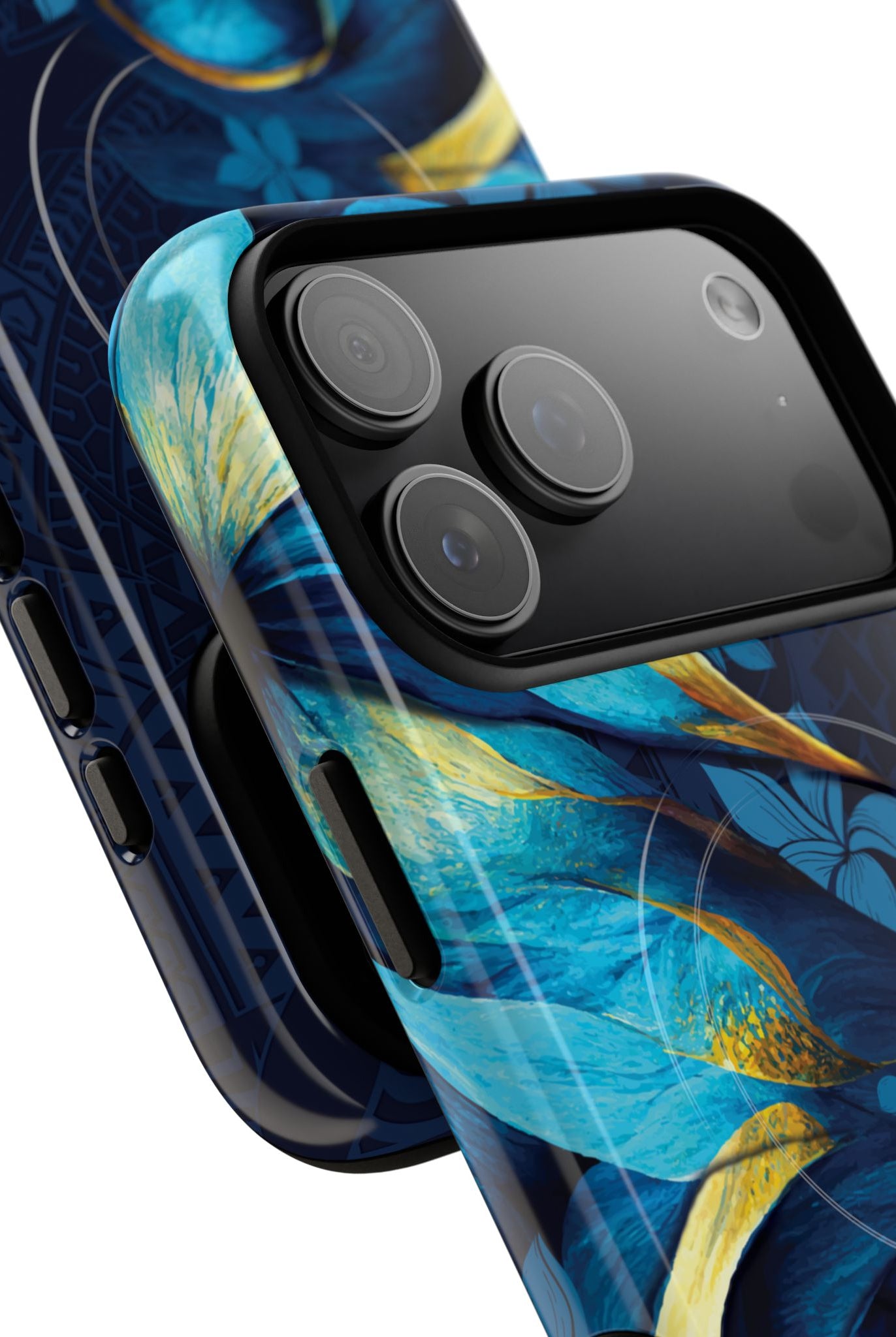 Po Mahina MagSafe iPhone Case Detail View - Hawaiian Moonlit Teal Gold Floral Design Close Up - The Local Banyan