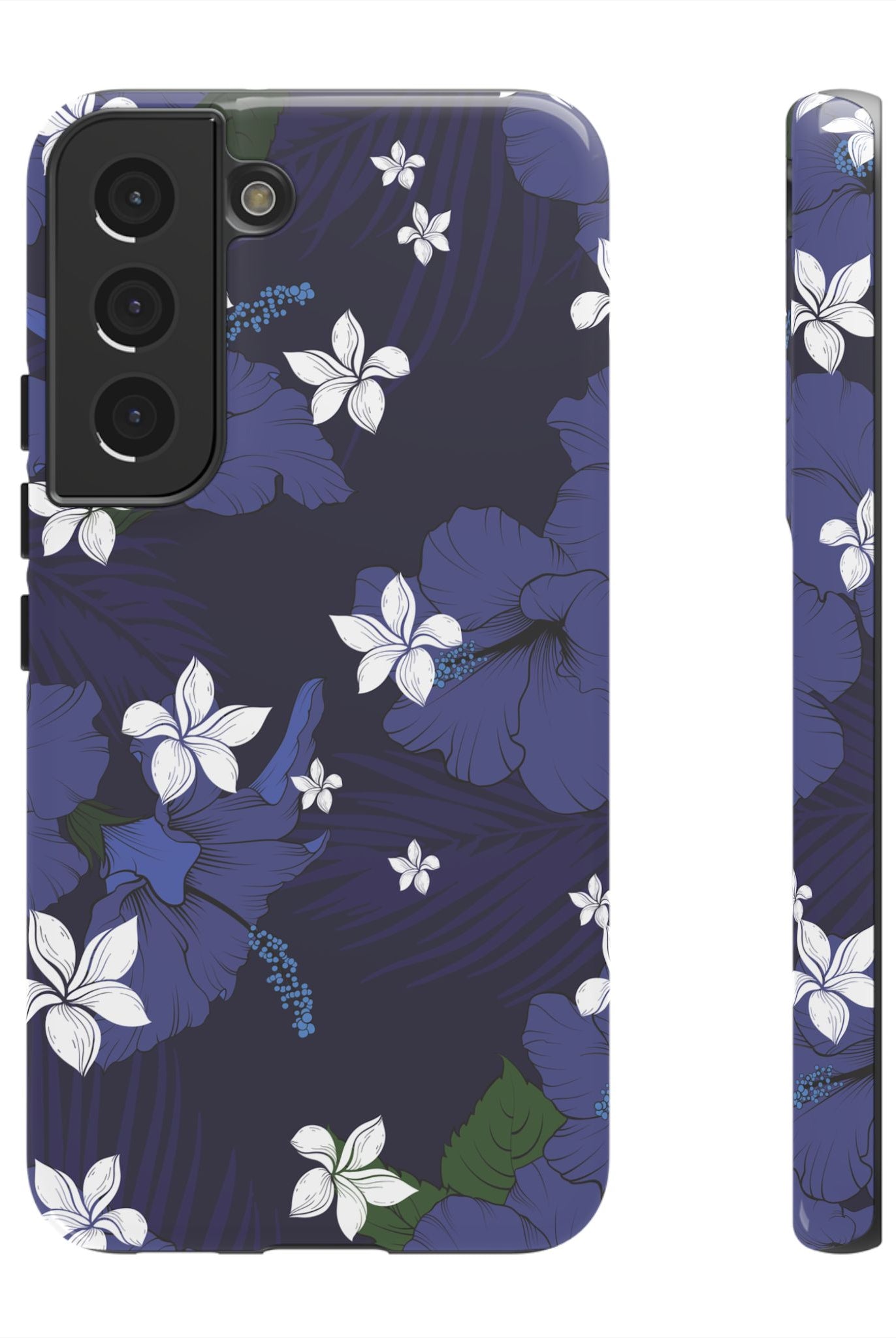 Vintage Blue Tough Samsung Galaxy Case Samsung Galaxy S22 Glossy - Hawaiian Indigo Hibiscus White Plumeria Design - The Local Banyan