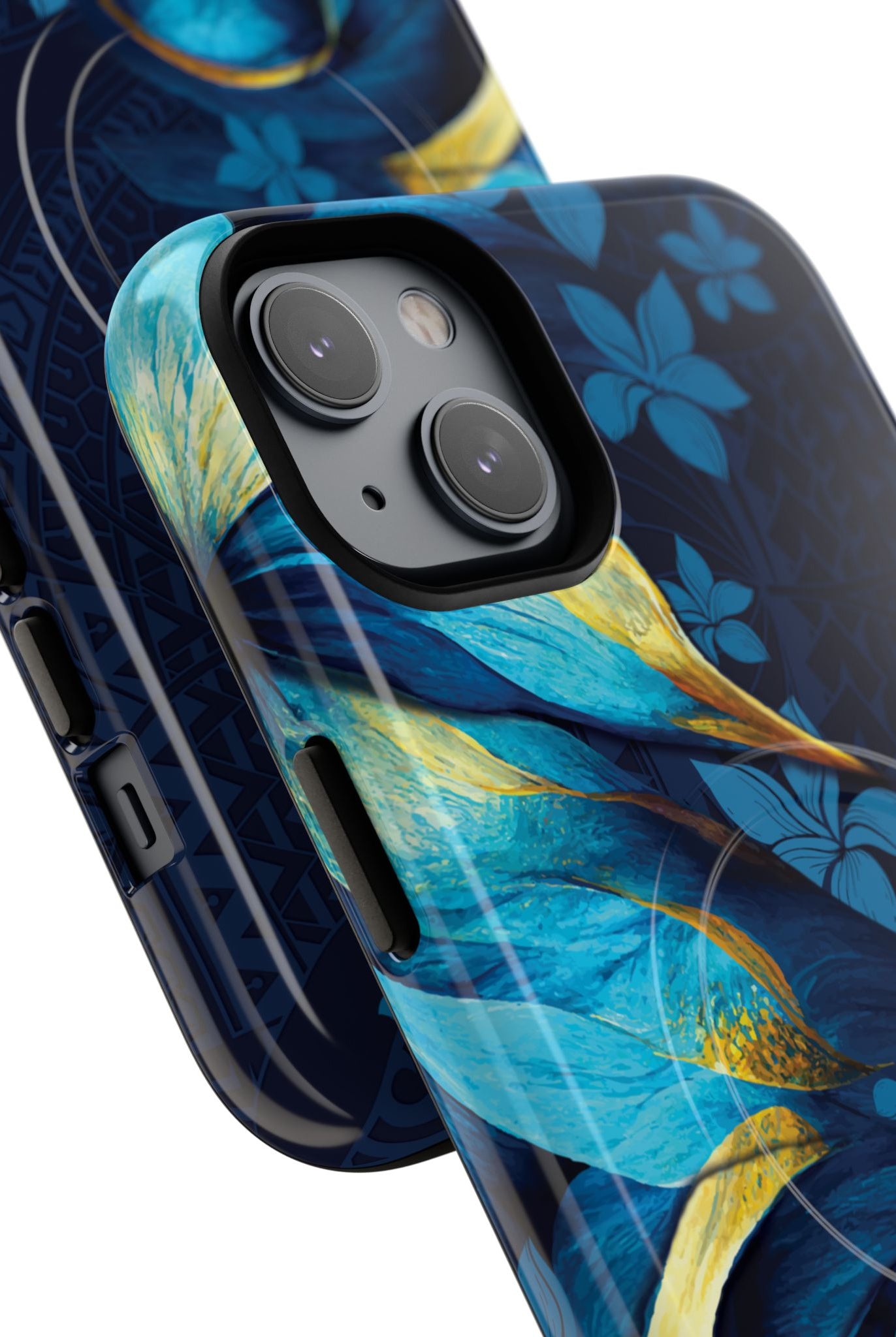 Po Mahina MagSafe iPhone Case Detail View - Hawaiian Moonlit Teal Gold Floral Design Close Up - The Local Banyan