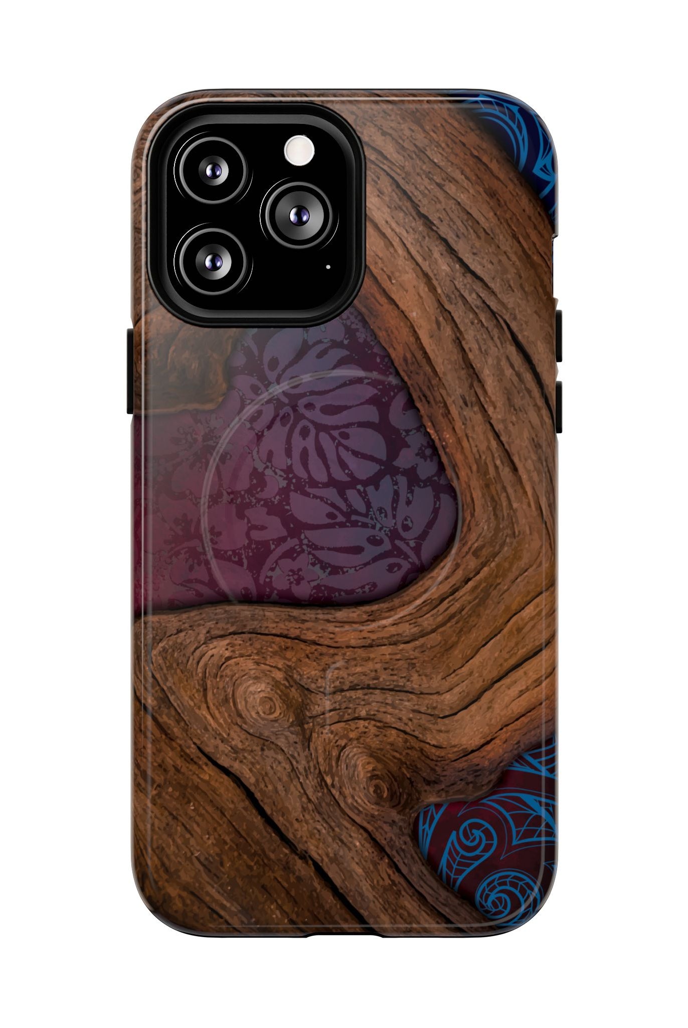 Rooted MagSafe iPhone Case Detail View - Hawaiian Koa Wood Island Strength Tribal Design Close Up - The Local Banyan