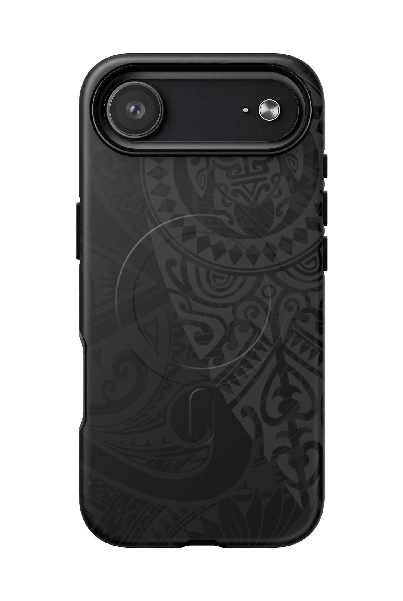 Woman holding Tribal Guardian MagSafe iPhone Case - Hawaiian Black on Black Polynesian Tribal Design - The Local Banyan