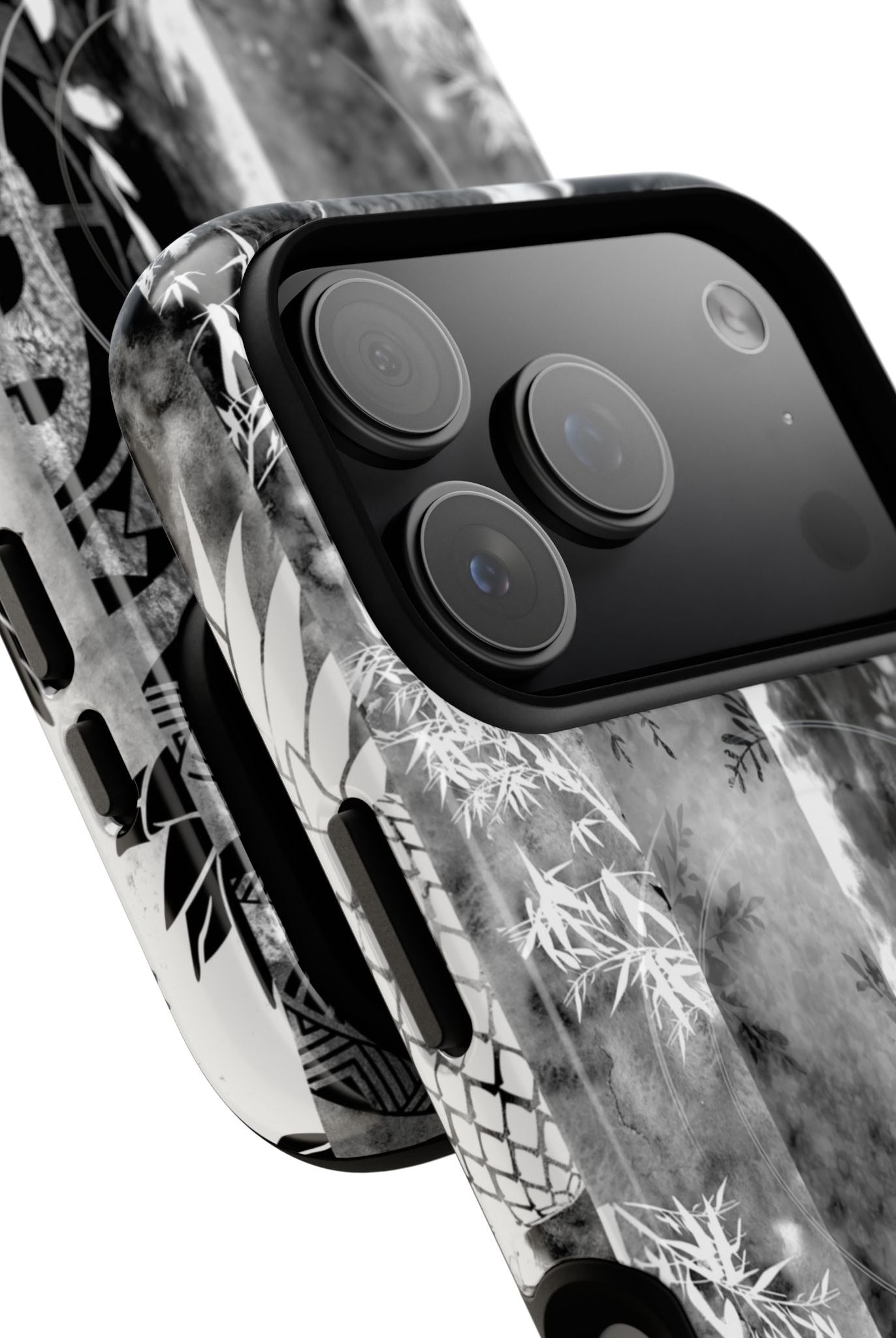 Woman holding Monochrome Oasis MagSafe iPhone Case - Hawaiian Black White Botanical Tribal Design - The Local Banyan