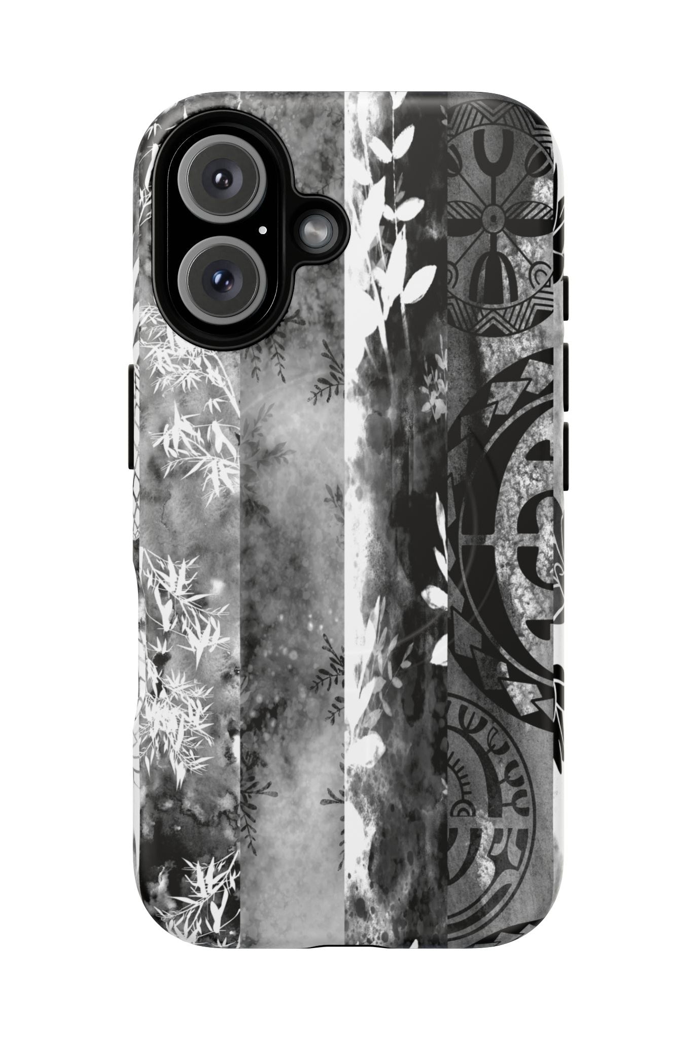 Monochrome Oasis MagSafe iPhone Case iPhone 16 Matte - Hawaiian Black White Botanical Tribal Design - The Local Banyan
