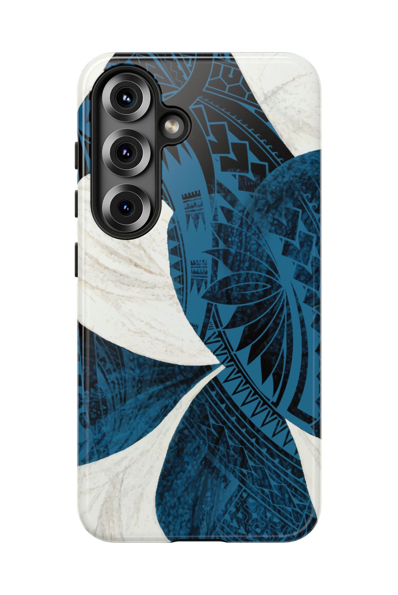 Woman holding Hana Breeze Tough Samsung Galaxy Case - Hawaiian Blue Plumeria Polynesian Botanical Design - The Local Banyan
