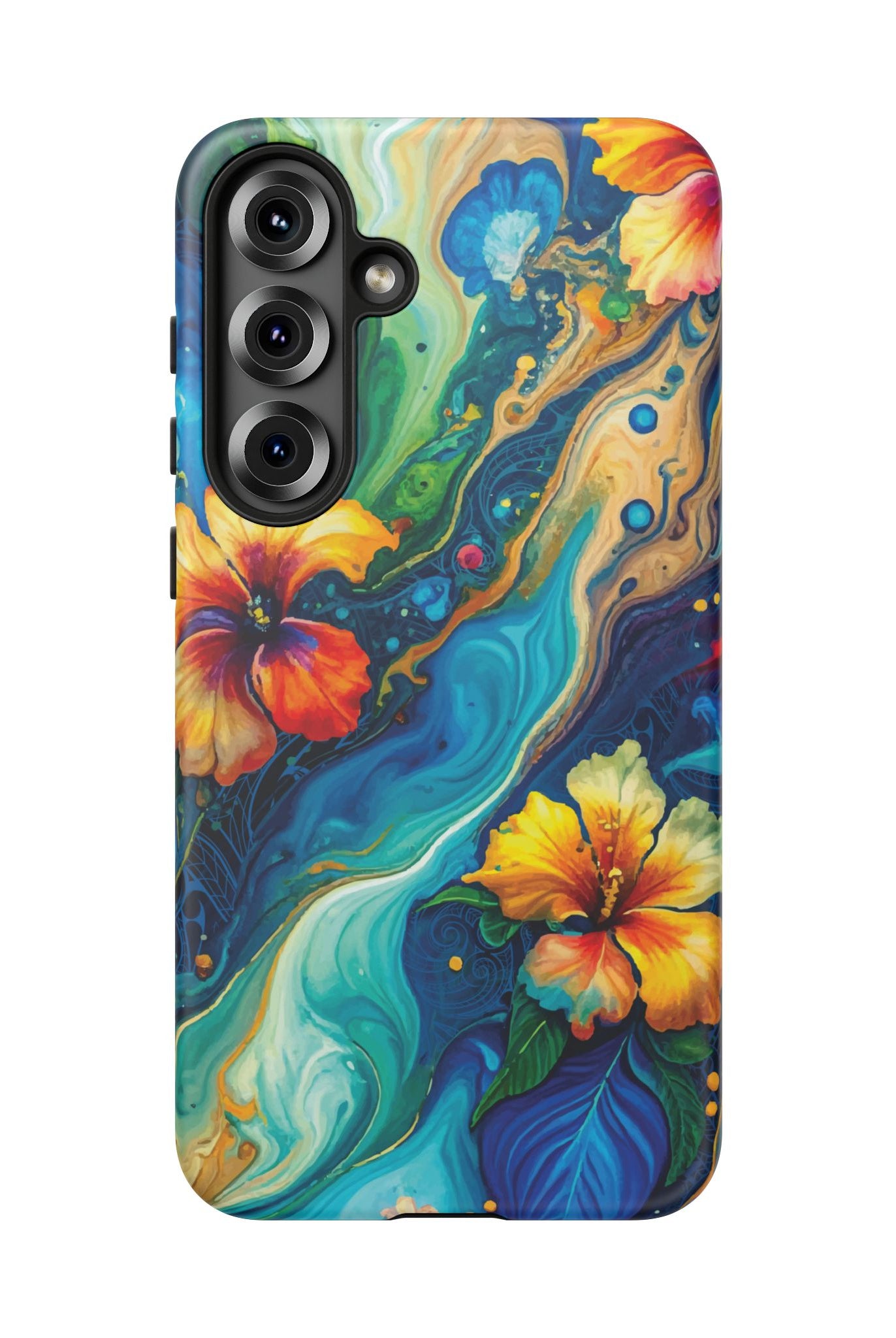 Aloalo Drift Tough Samsung Galaxy Case Detail View - Hawaiian Hibiscus Teal Ocean Wave Design Close Up - The Local Banyan