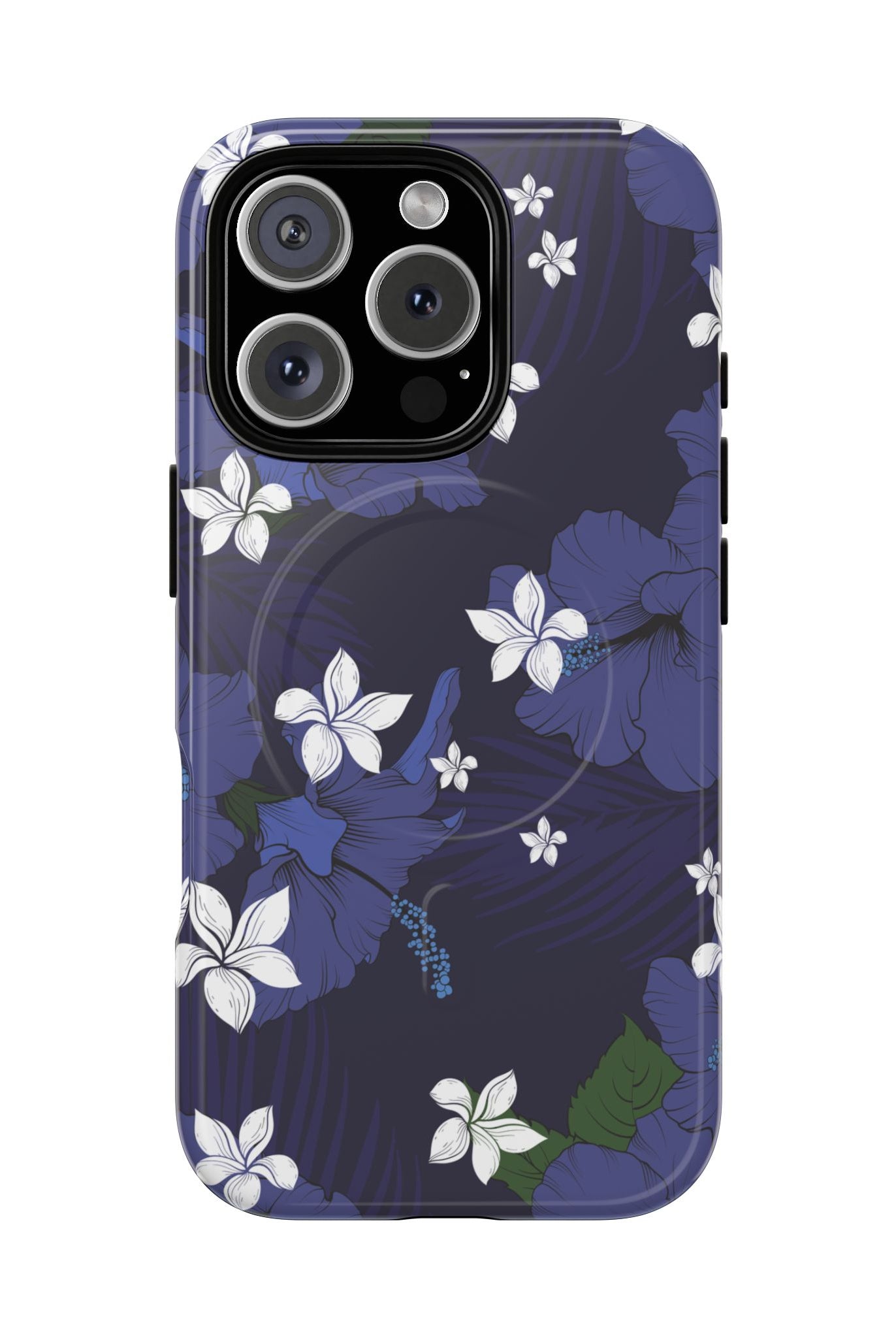 Vintage Blue MagSafe iPhone Case iPhone 16 Pro Glossy - Hawaiian Indigo Hibiscus White Plumeria Design - The Local Banyan