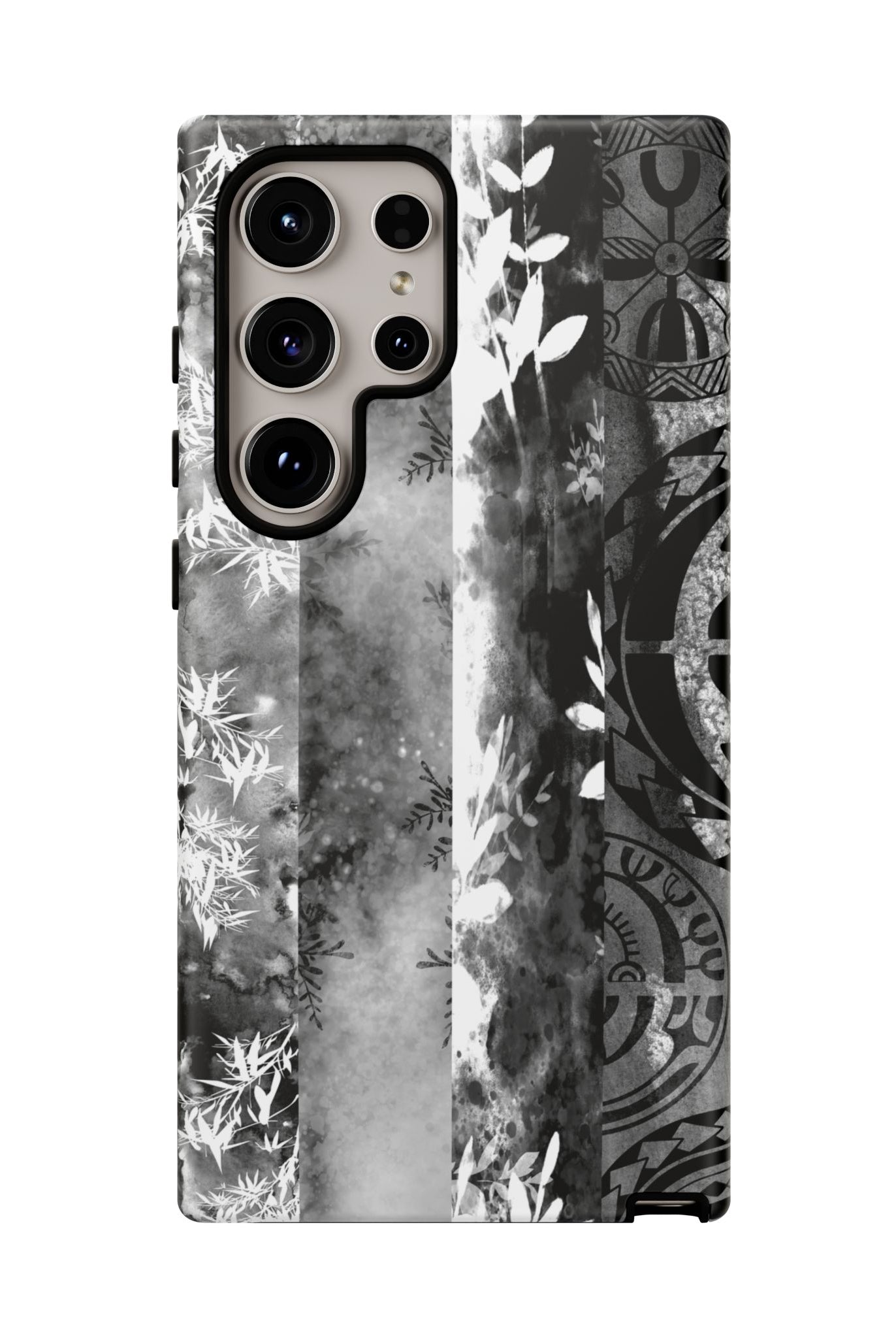 Monochrome Oasis Tough Samsung Galaxy Case Detail View - Hawaiian Black White Botanical Tribal Design Close Up - The Local Banyan