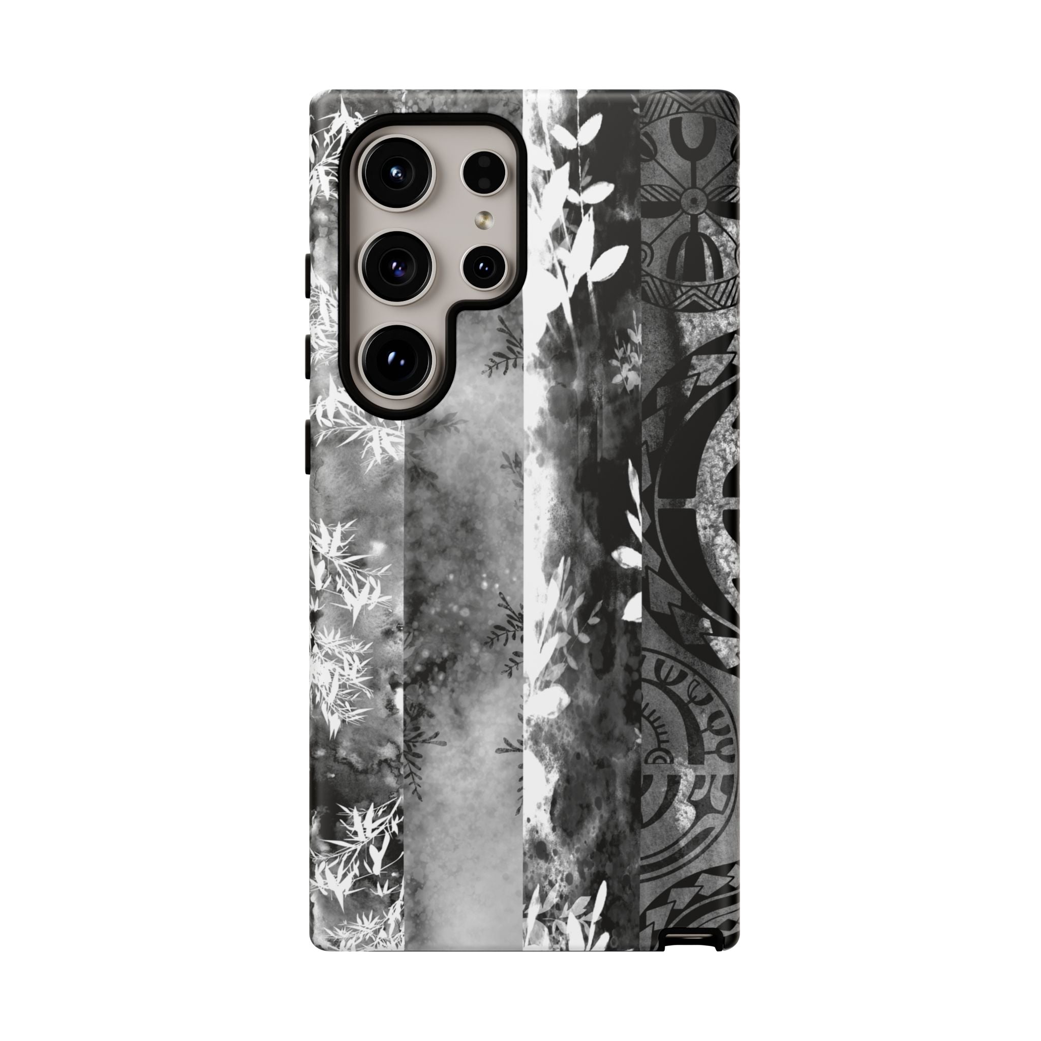 Monochrome Oasis Tough Samsung Galaxy Case Detail View - Hawaiian Black White Botanical Tribal Design Close Up - The Local Banyan