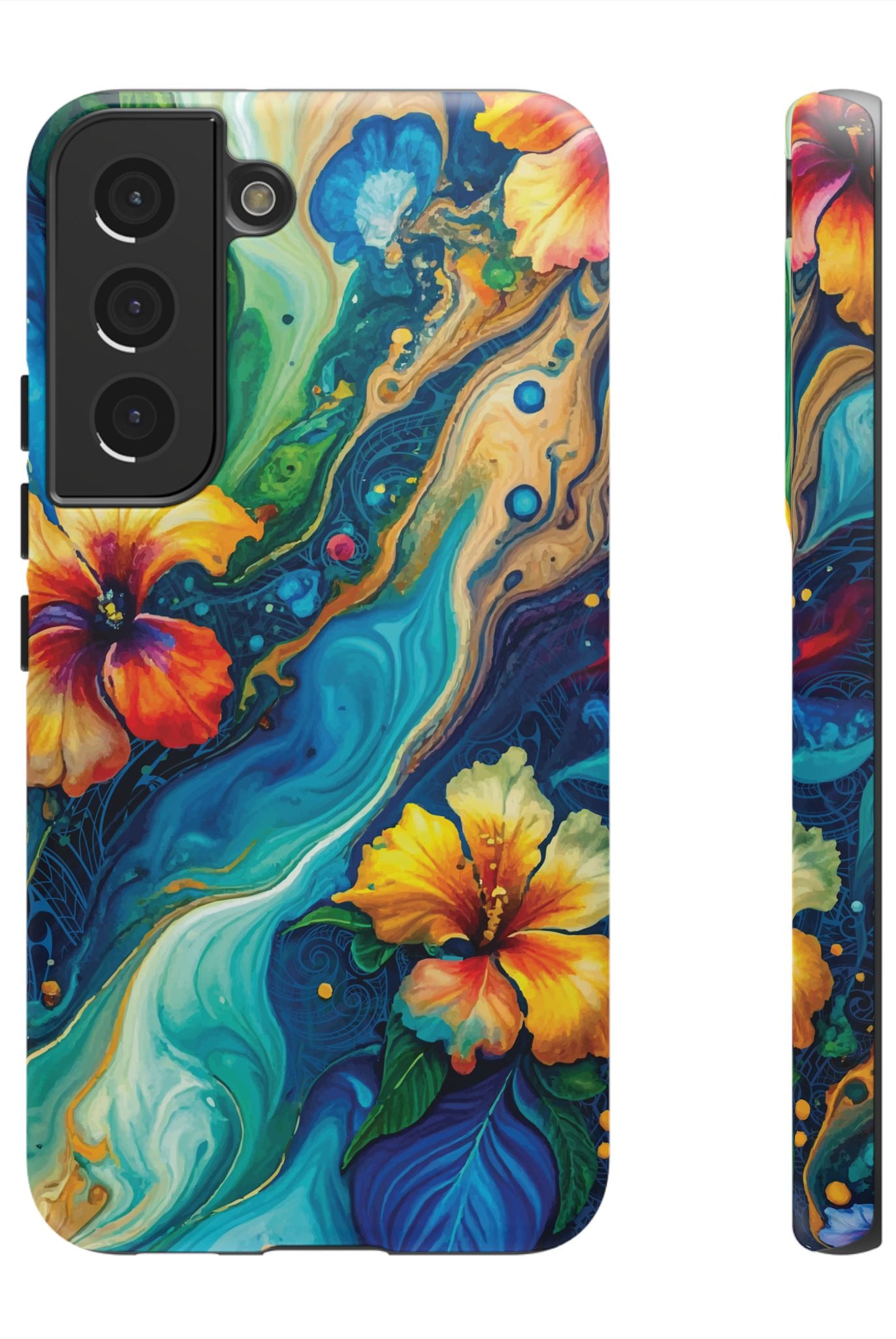 Aloalo Drift Tough Samsung Galaxy Case Samsung Galaxy S22 Matte - Hawaiian Hibiscus Teal Ocean Wave Design - The Local Banyan