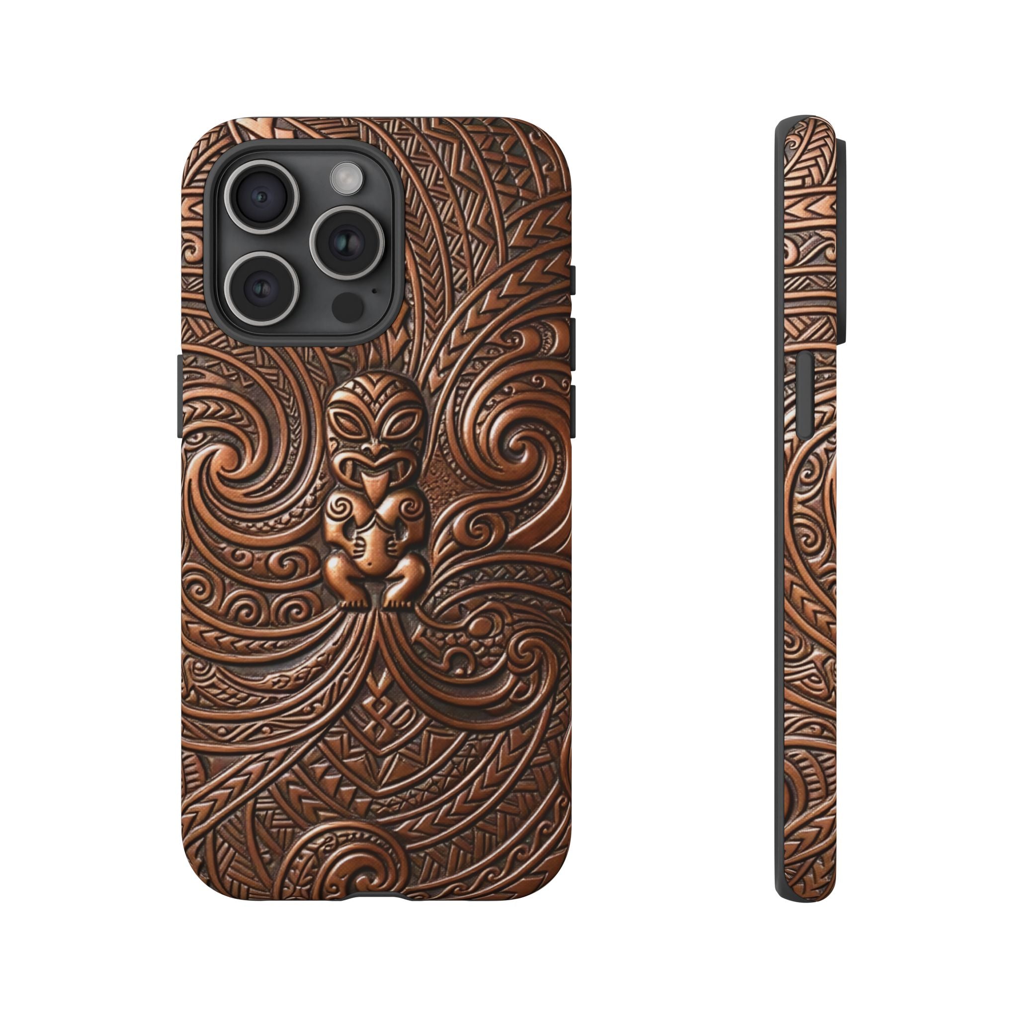 Paa Guardian Tough iPhone Case Detail View - Hawaiian Copper Carved Tiki Polynesian Design Close Up - The Local Banyan