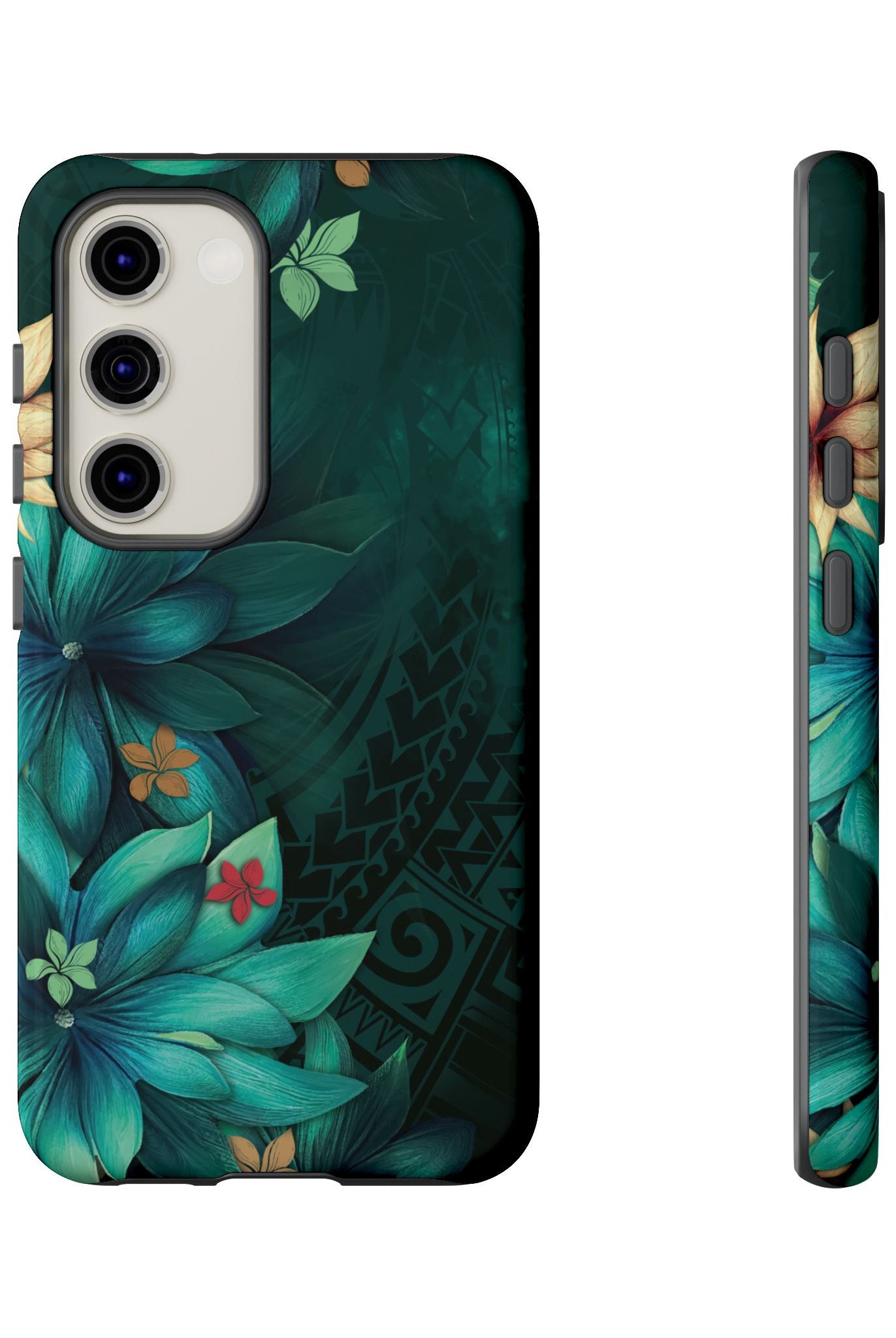 Woman holding Aloha Whispers Tough Samsung Galaxy Case - Hawaiian Abstract Green Floral Polynesian Design - The Local Banyan