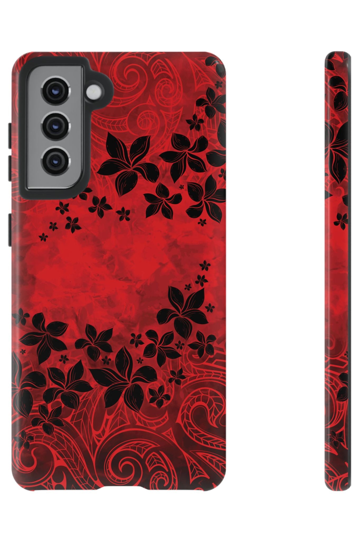 Keahi Pua Tough Samsung Galaxy Case Detail View - Hawaiian Fire Flower Red Tribal Floral Design Close Up - The Local Banyan