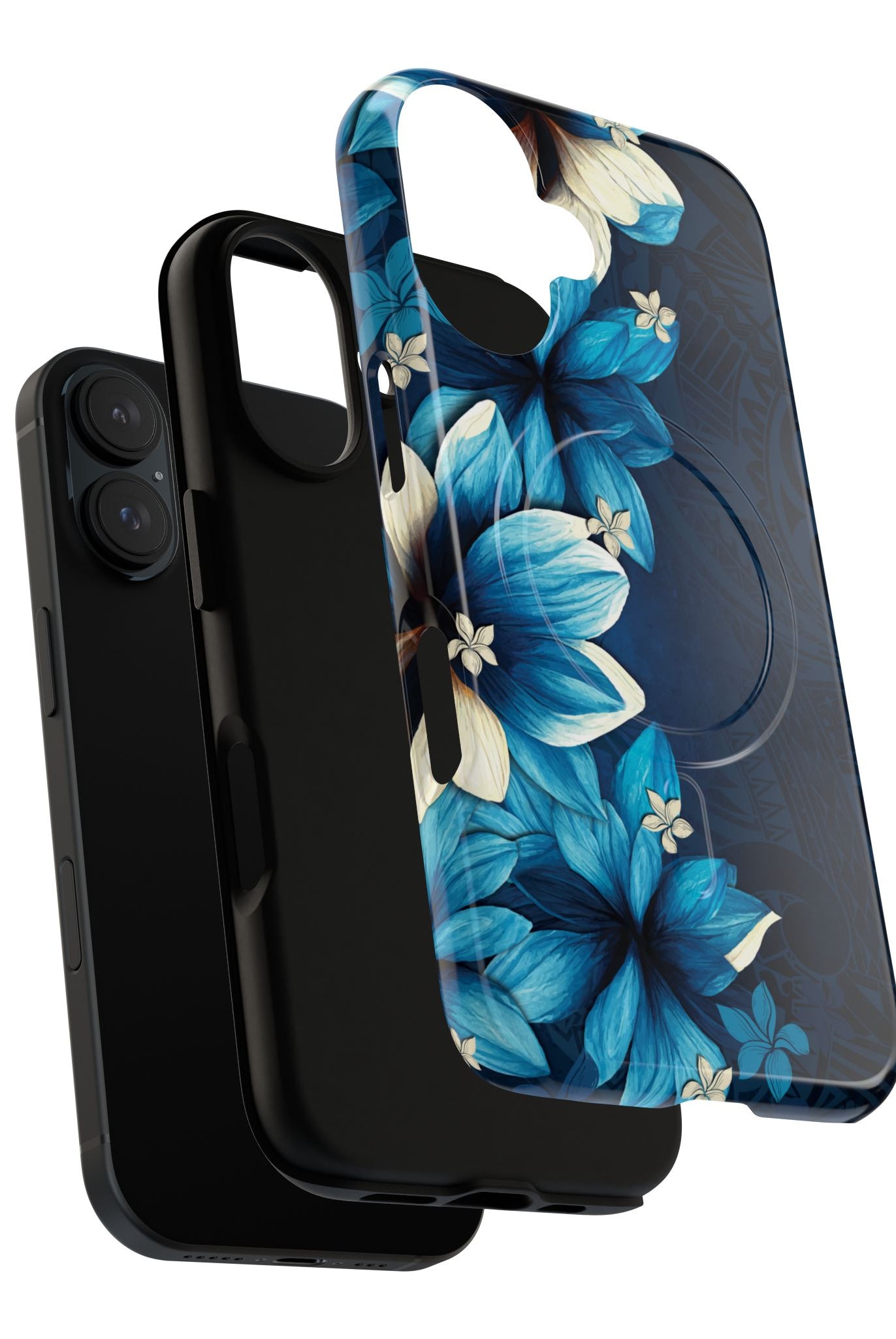 Woman holding Leilani Nights MagSafe iPhone Case - Hawaiian Dark Blue Floral Polynesian Design - The Local Banyan