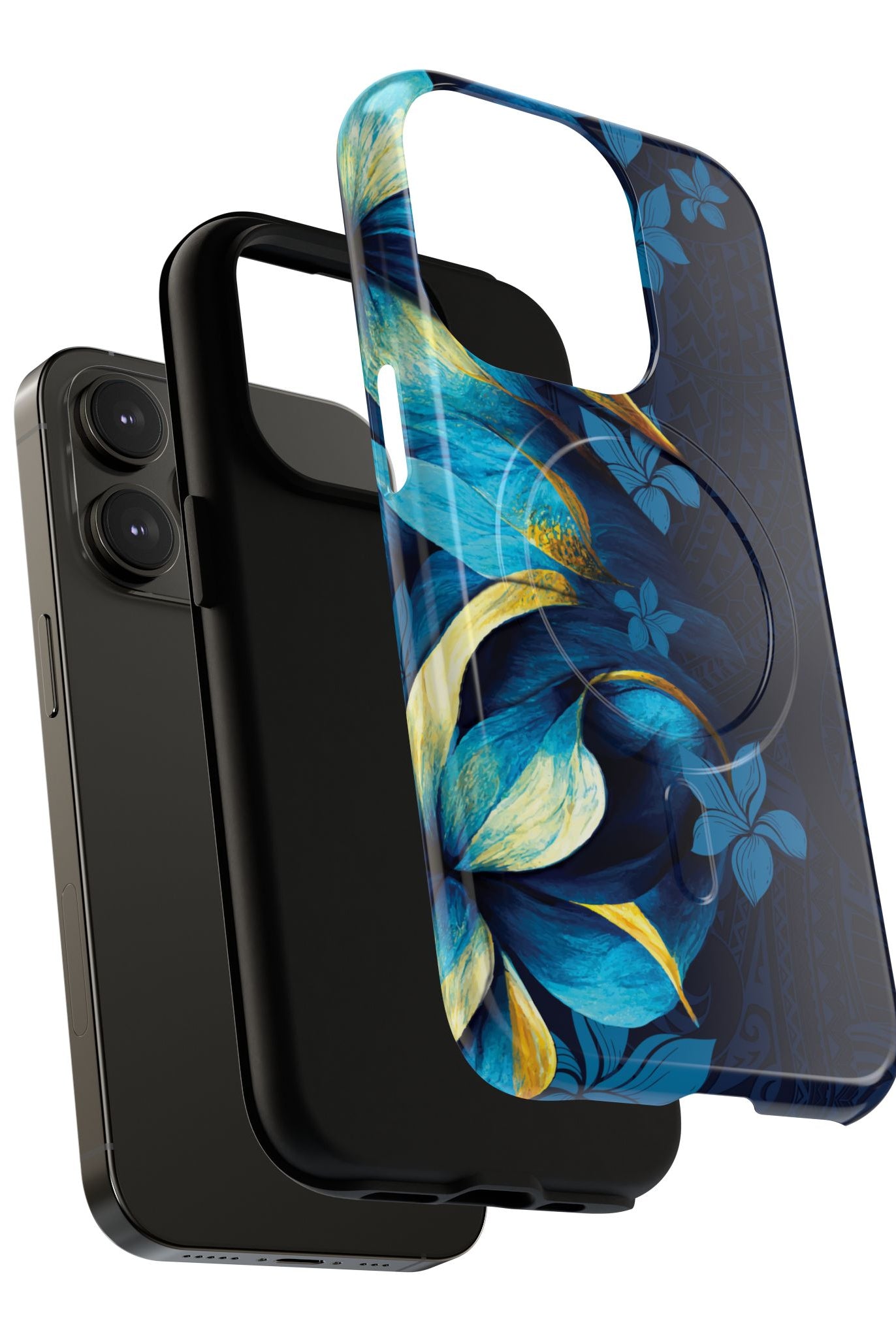 Po Mahina MagSafe iPhone Case Detail View - Hawaiian Moonlit Teal Gold Floral Design Close Up - The Local Banyan