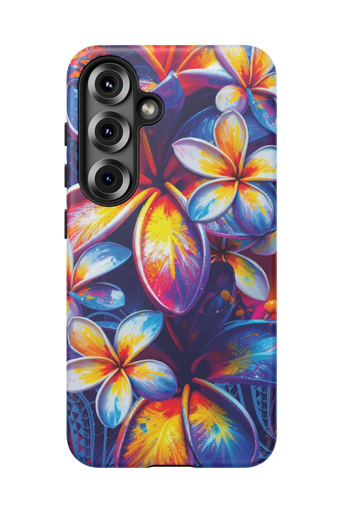 Woman holding Sunset Ink Tough Samsung Galaxy Case - Hawaiian Plumeria Street Art Graffiti Tropical Design - The Local Banyan