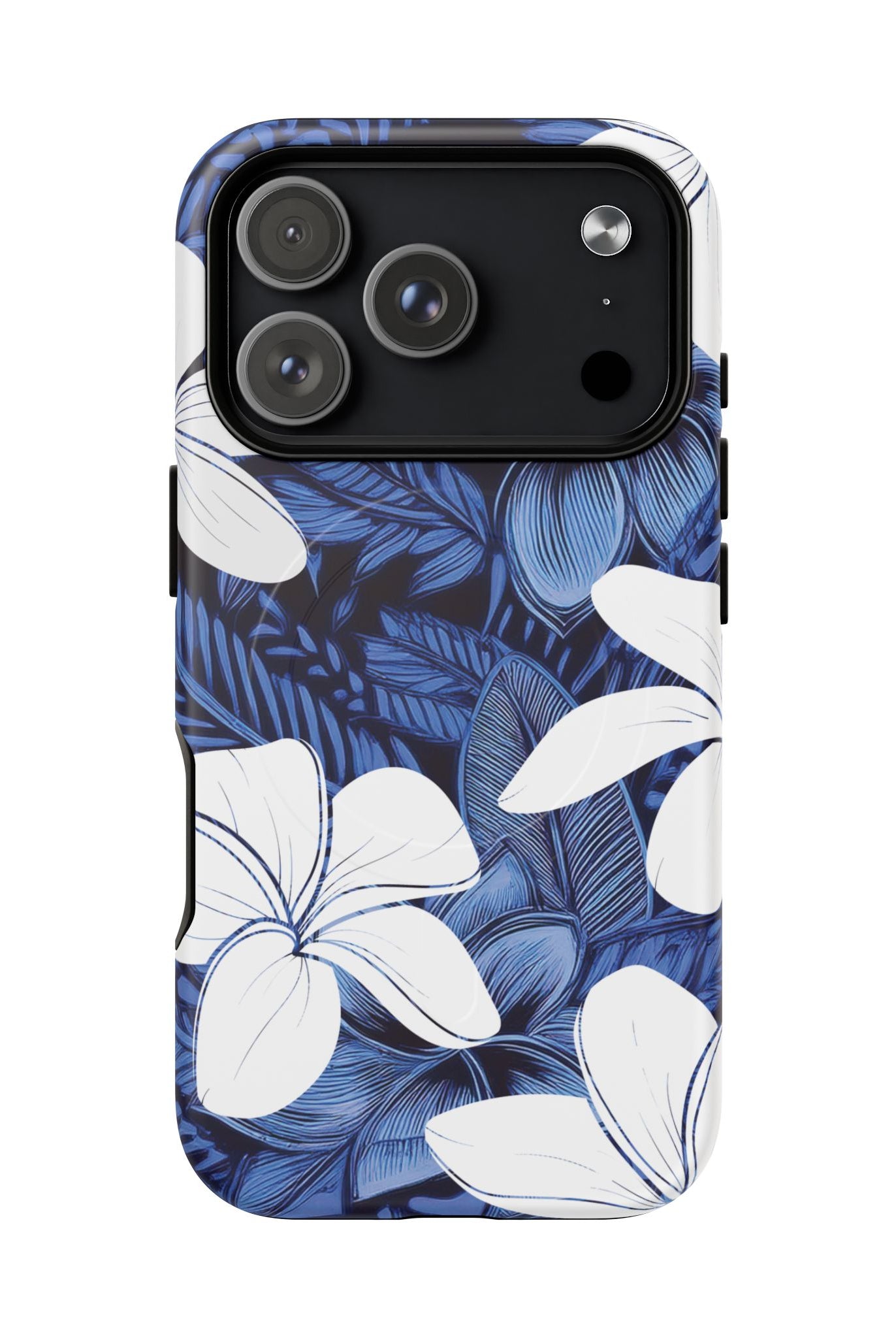 Eternal Blue Plumeria MagSafe iPhone Case Detail View - Hawaiian Blue Plumeria Ocean Floral Design Close Up - The Local Banyan