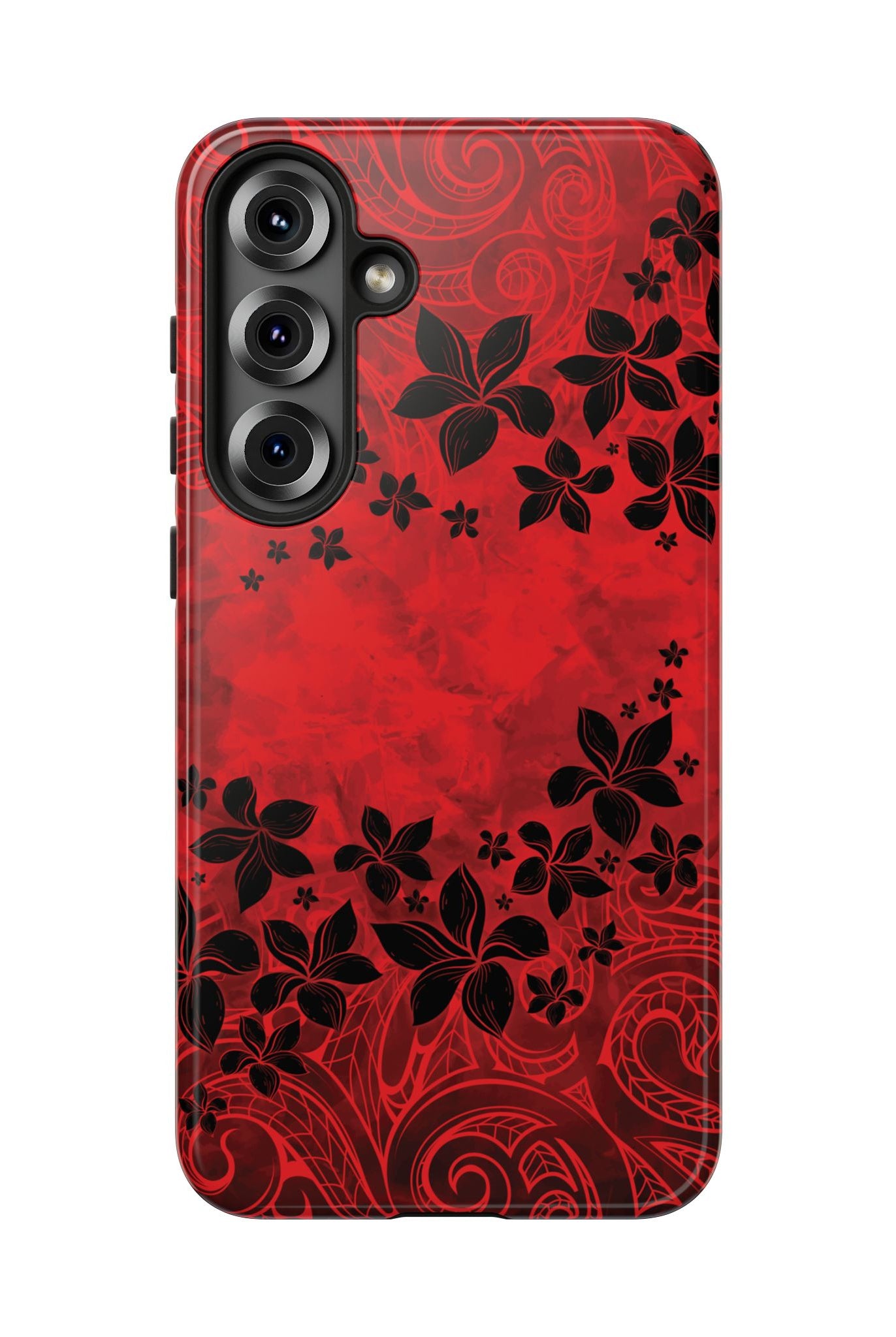 Keahi Pua Tough Samsung Galaxy Case Detail View - Hawaiian Fire Flower Red Tribal Floral Design Close Up - The Local Banyan