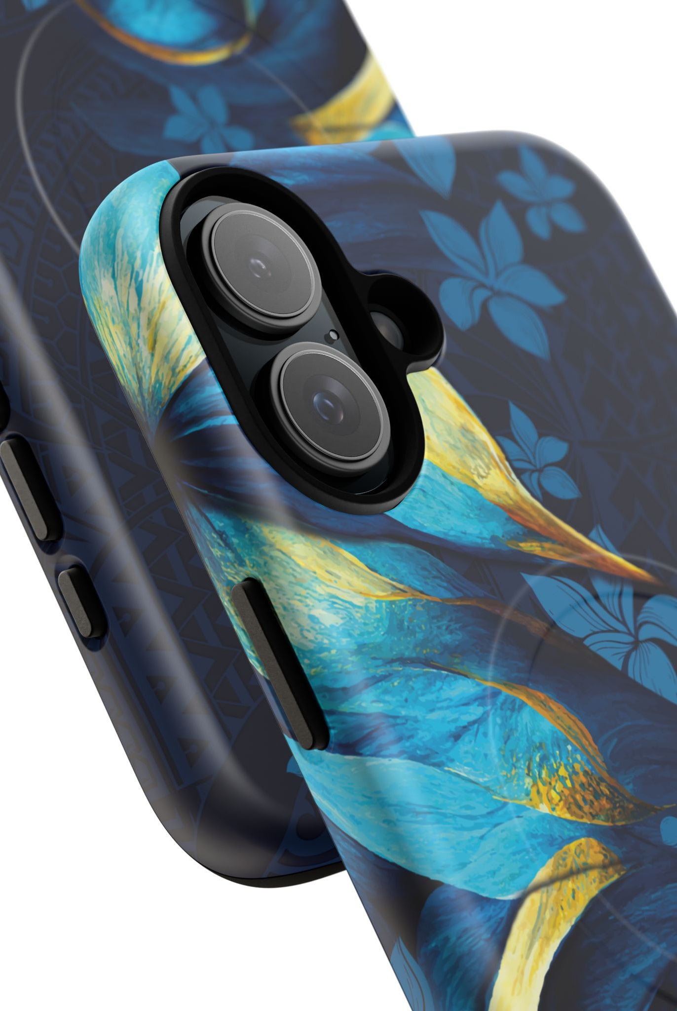 Woman holding Po Mahina MagSafe iPhone Case - Hawaiian Moonlit Teal Gold Floral Design - The Local Banyan