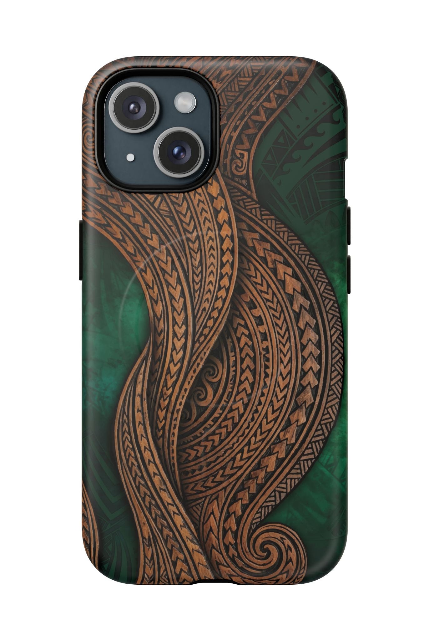 Island Kalai MagSafe iPhone Case iPhone 15 Matte - Hawaiian Carved Wood Grain Emerald Green Tribal Design - The Local Banyan