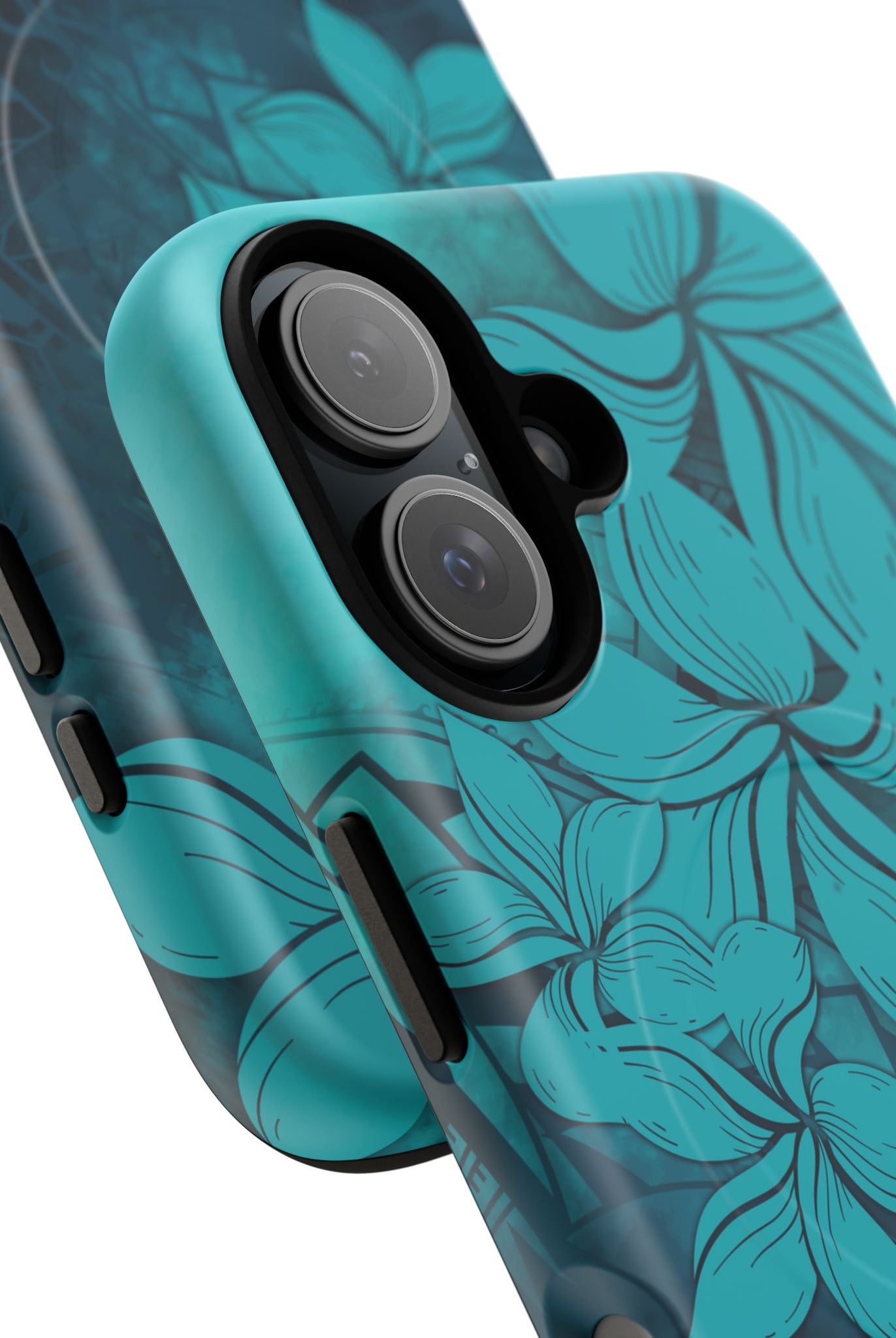 Moana Bloom MagSafe iPhone Case Detail View - Hawaiian Teal Plumeria Ocean Tribal Design Close Up - The Local Banyan