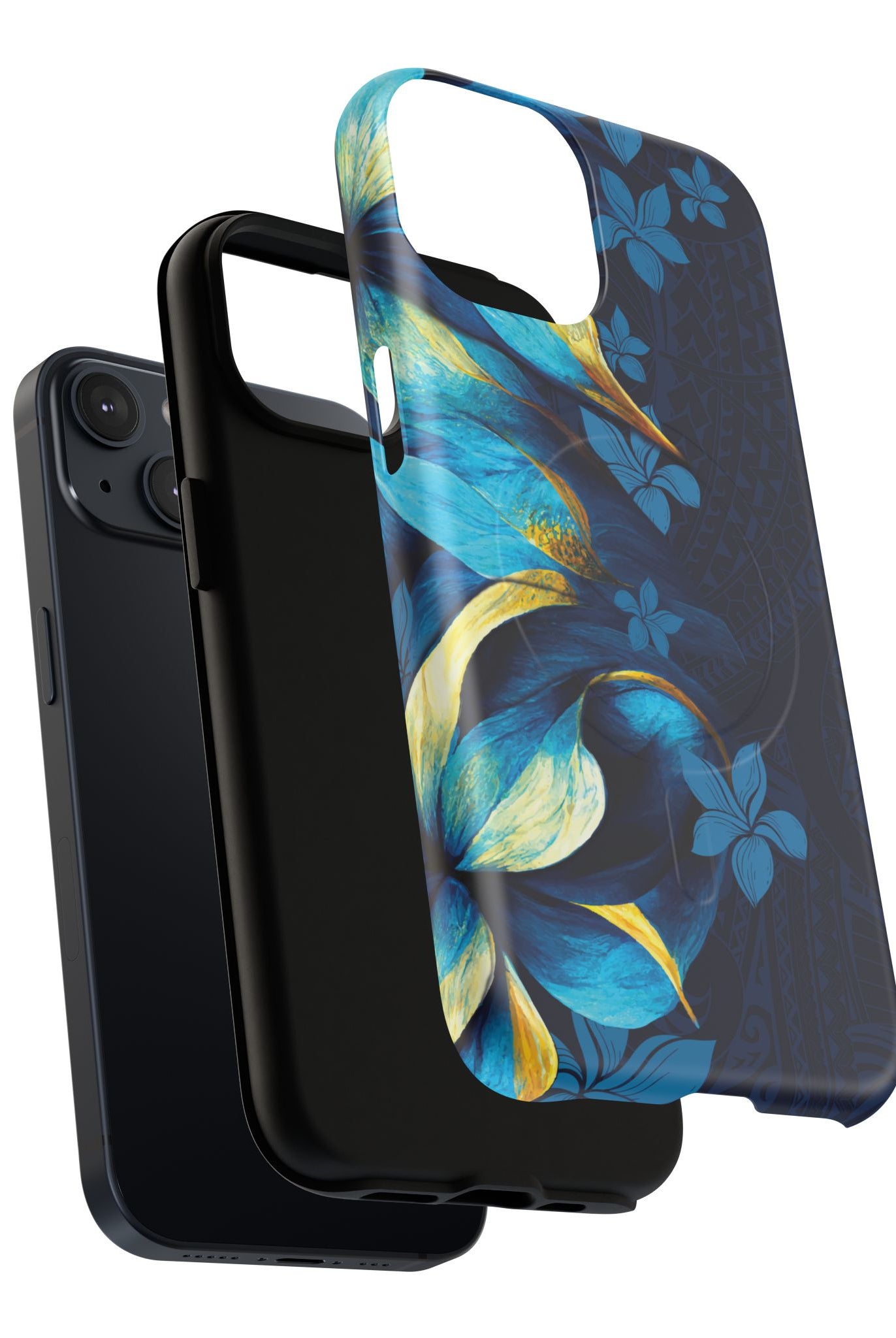 Woman holding Po Mahina MagSafe iPhone Case - Hawaiian Moonlit Teal Gold Floral Design - The Local Banyan