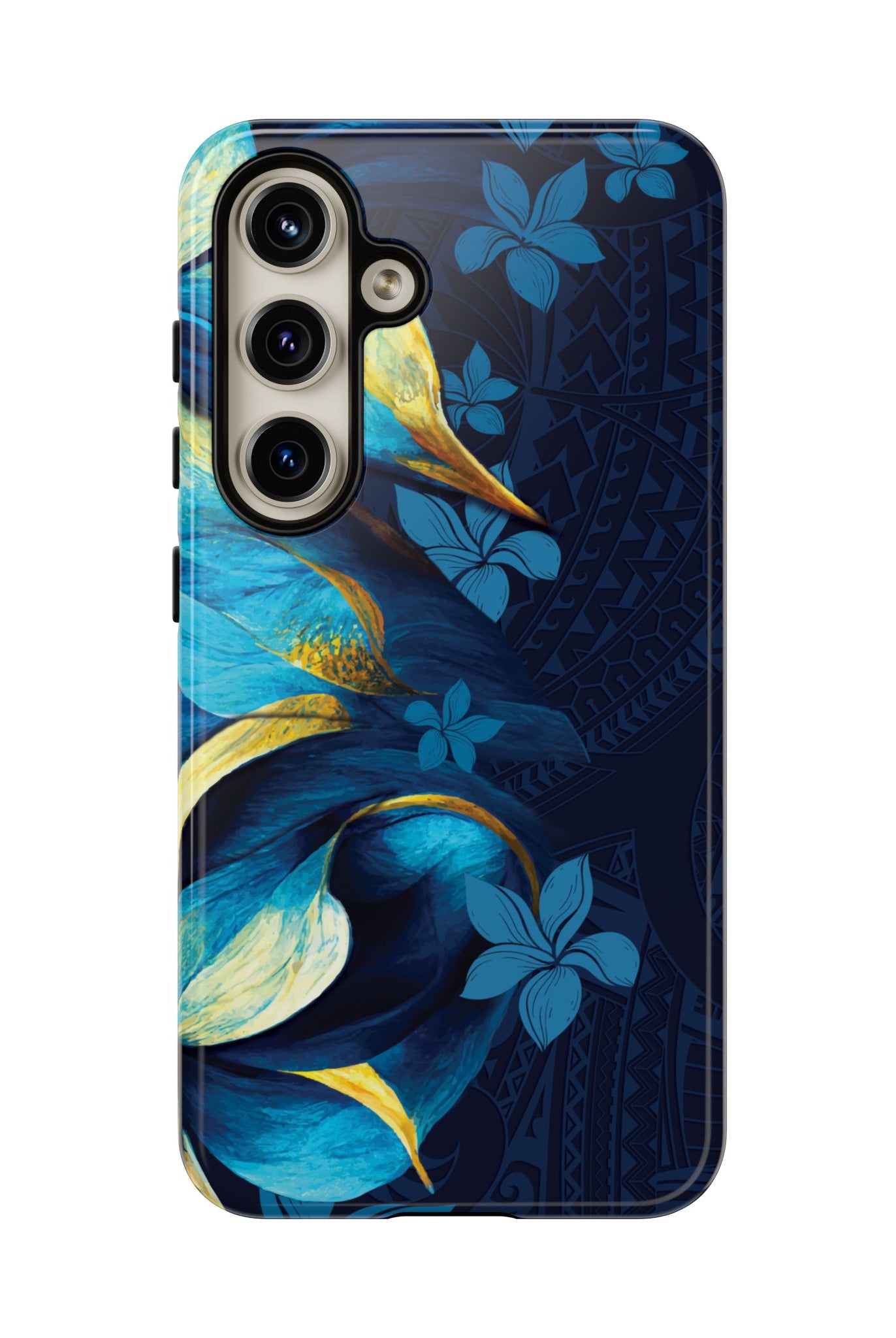 Woman holding Po Mahina Tough Samsung Galaxy Case - Hawaiian Moonlit Teal Gold Floral Design - The Local Banyan