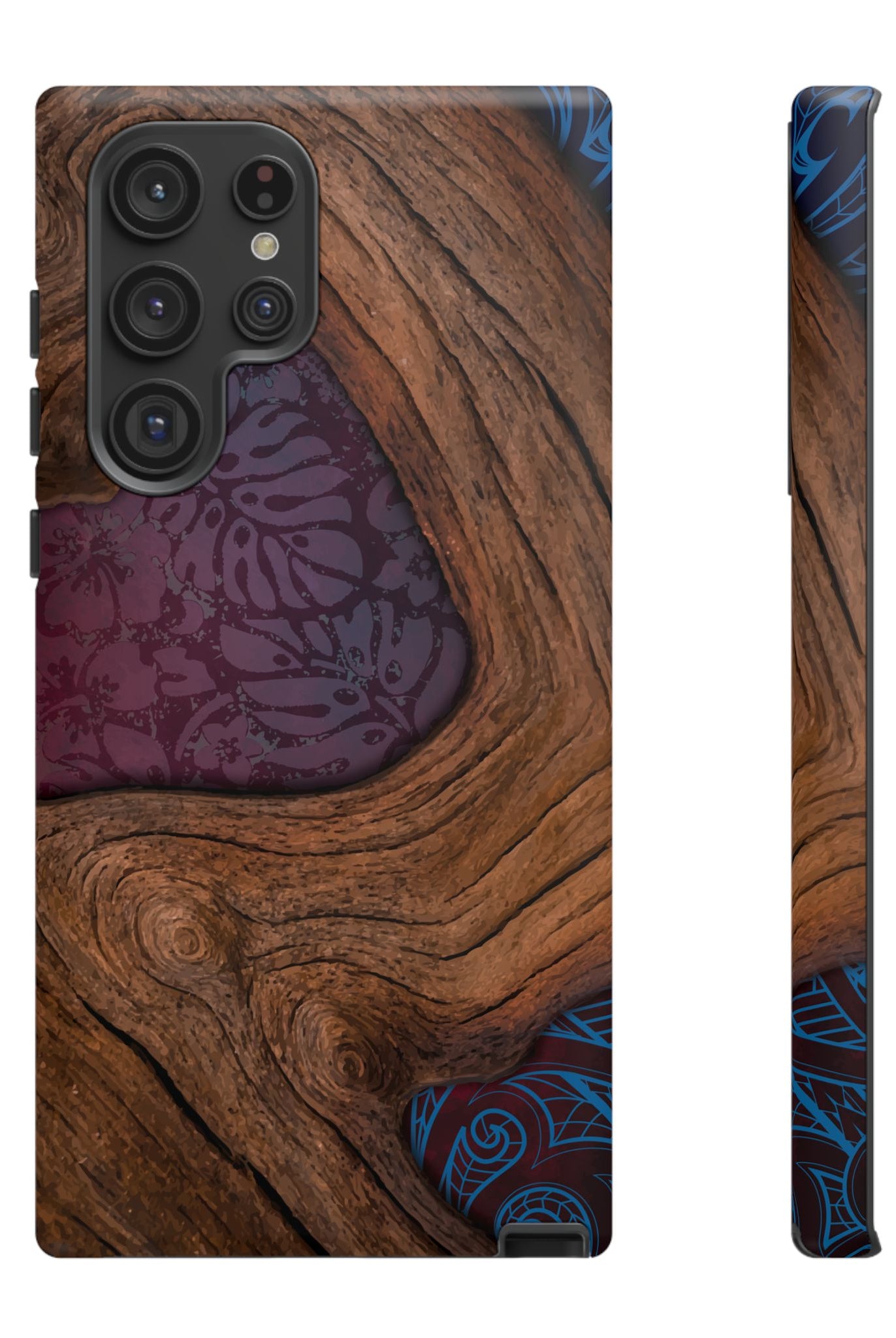 Woman holding Rooted Tough Samsung Galaxy Case - Hawaiian Koa Wood Island Strength Tribal Design - The Local Banyan