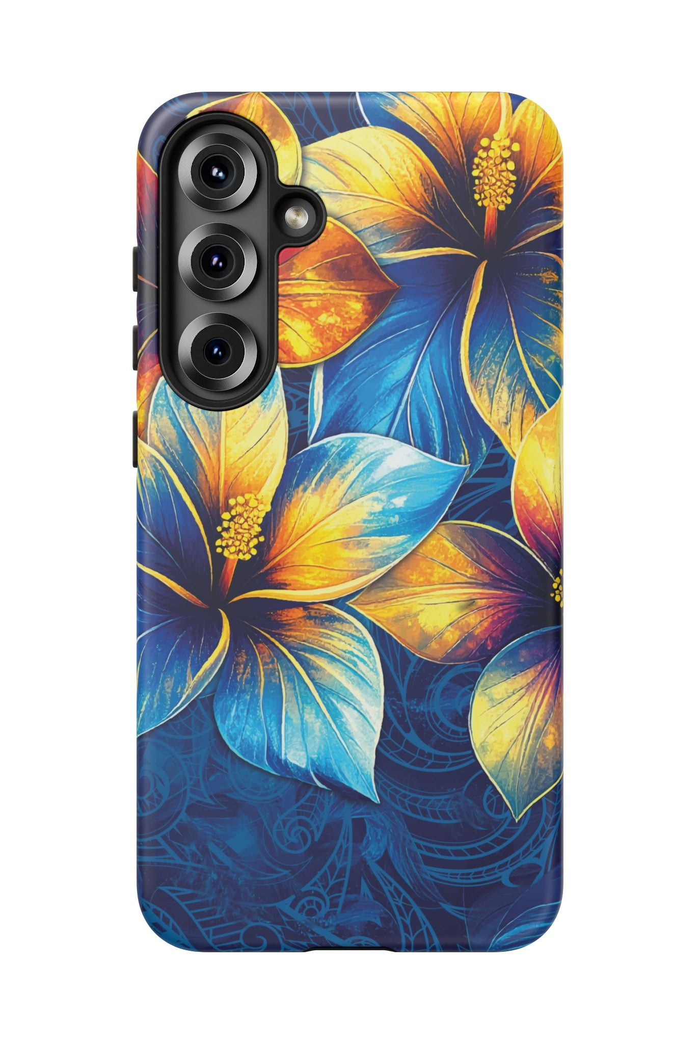 Woman holding Pua La Tough Samsung Galaxy Case - Hawaiian Golden Hibiscus Sun Flower Sapphire Design - The Local Banyan