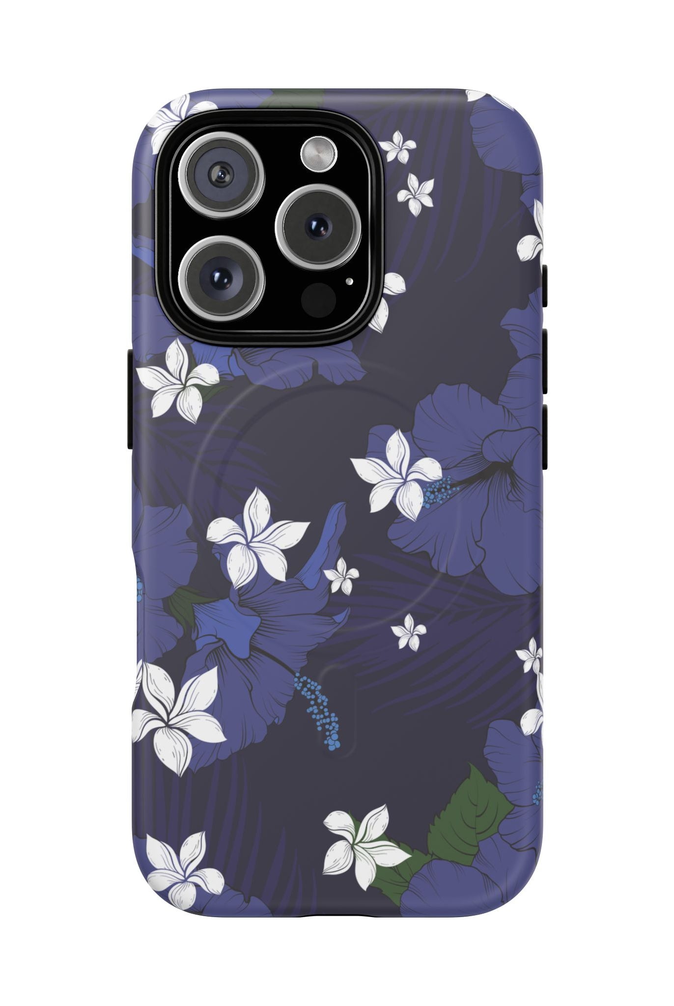 Vintage Blue MagSafe iPhone Case iPhone 16 Pro Matte - Hawaiian Indigo Hibiscus White Plumeria Design - The Local Banyan
