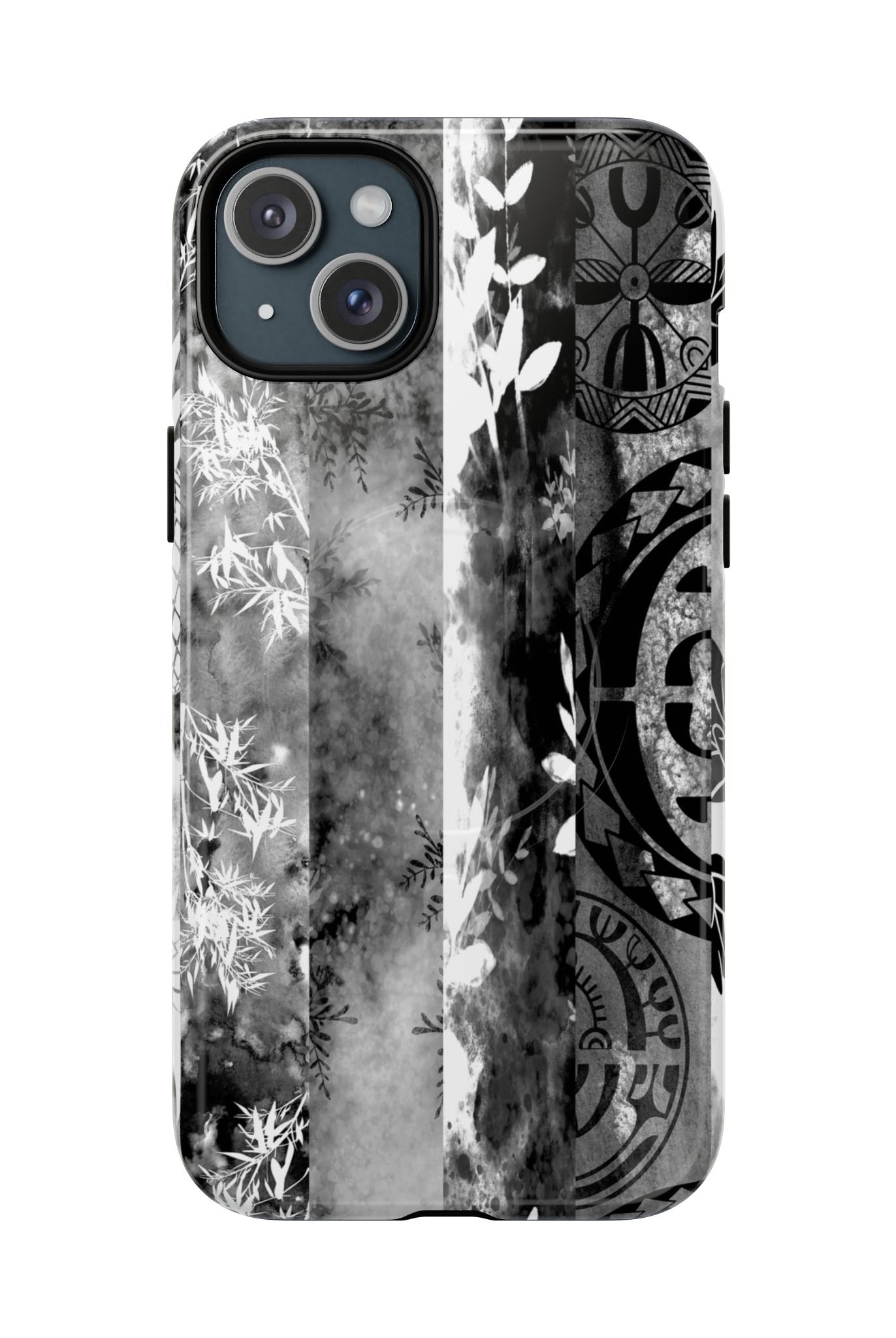 Monochrome Oasis MagSafe iPhone Case iPhone 15 Plus Glossy - Hawaiian Black White Botanical Tribal Design - The Local Banyan