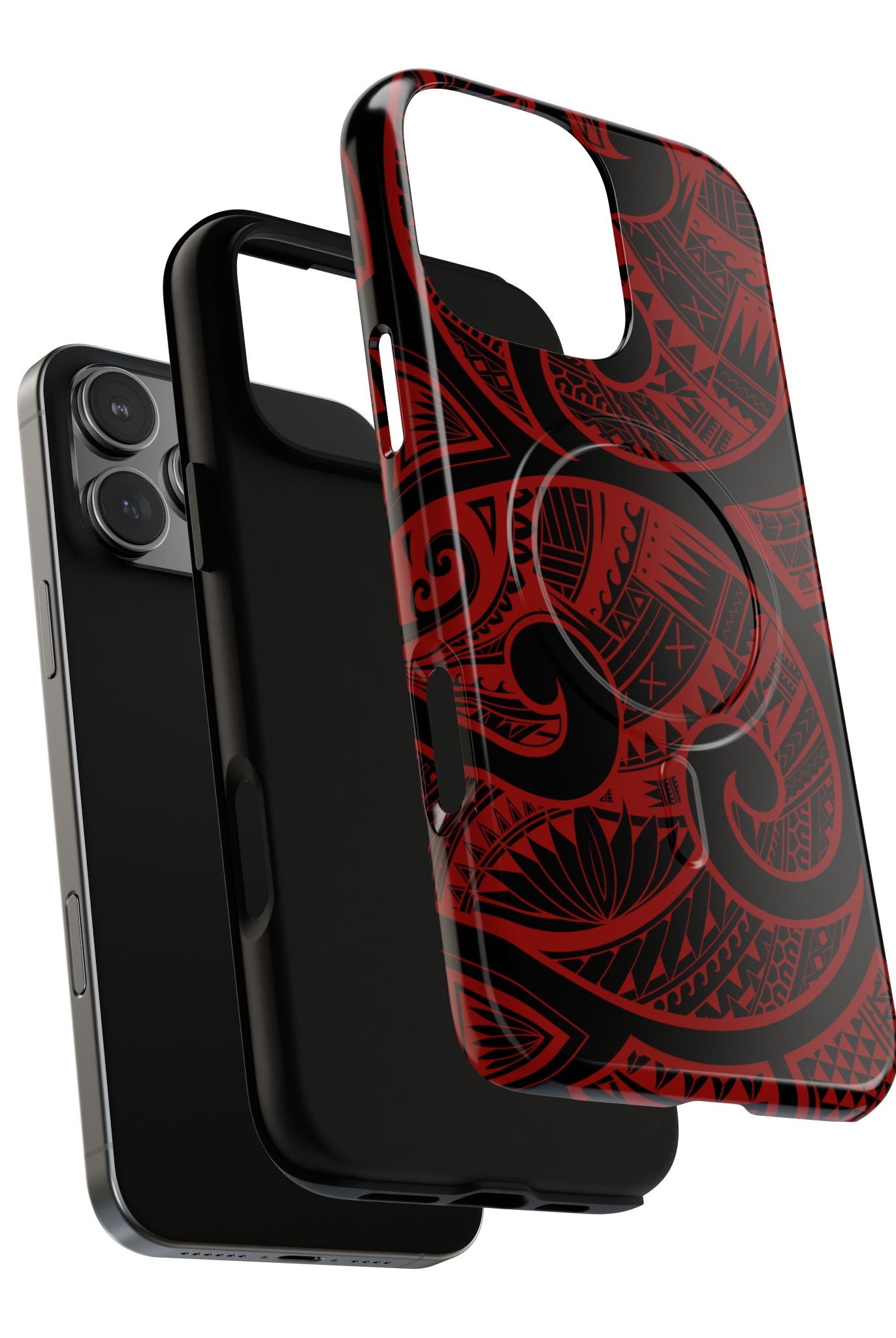 Woman holding Island Tribal MagSafe iPhone Case - Hawaiian Crimson Red Polynesian Tribal Design - The Local Banyan