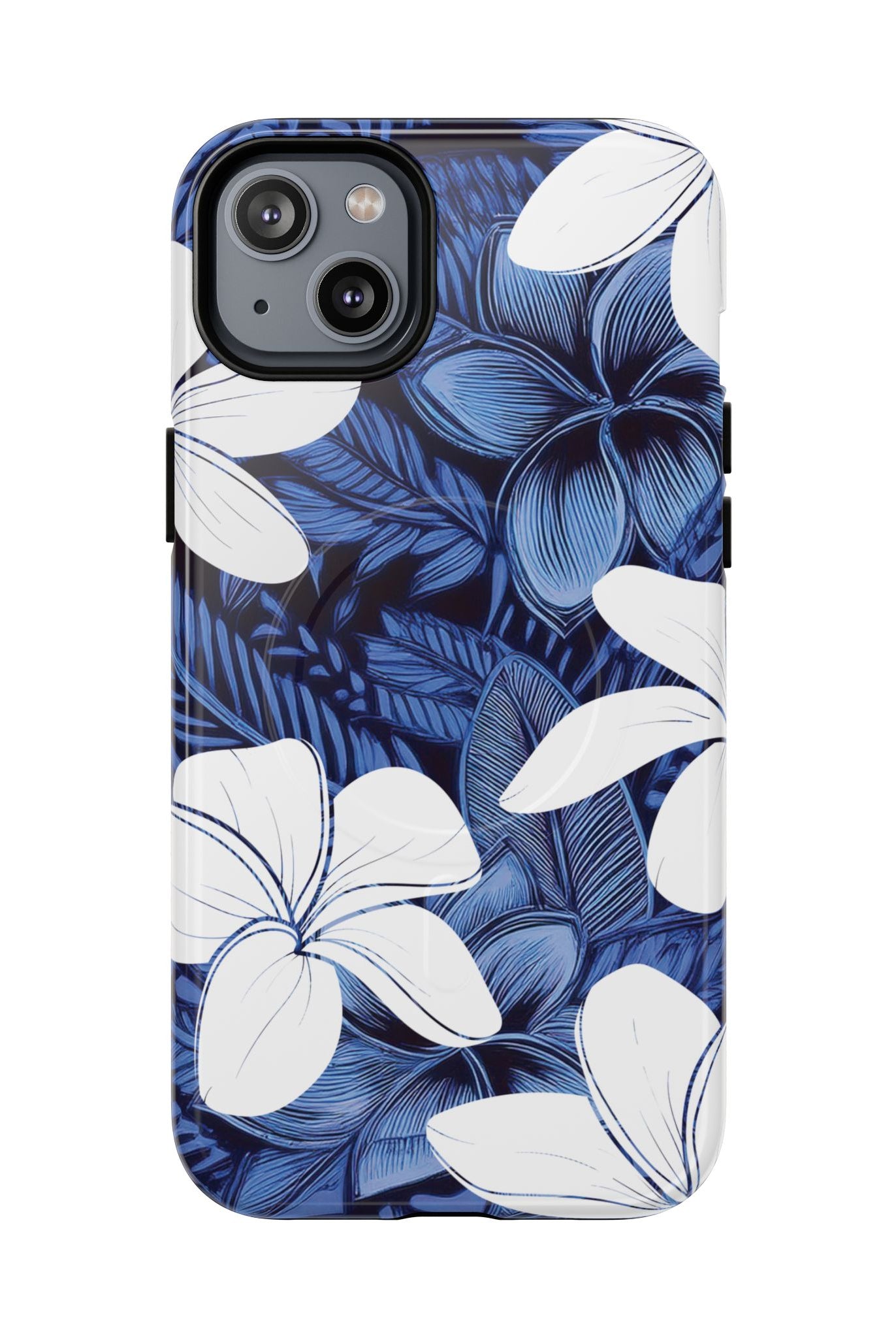 Eternal Blue Plumeria MagSafe iPhone Case iPhone 14 Plus Glossy - Hawaiian Blue Plumeria Ocean Floral Design - The Local Banyan