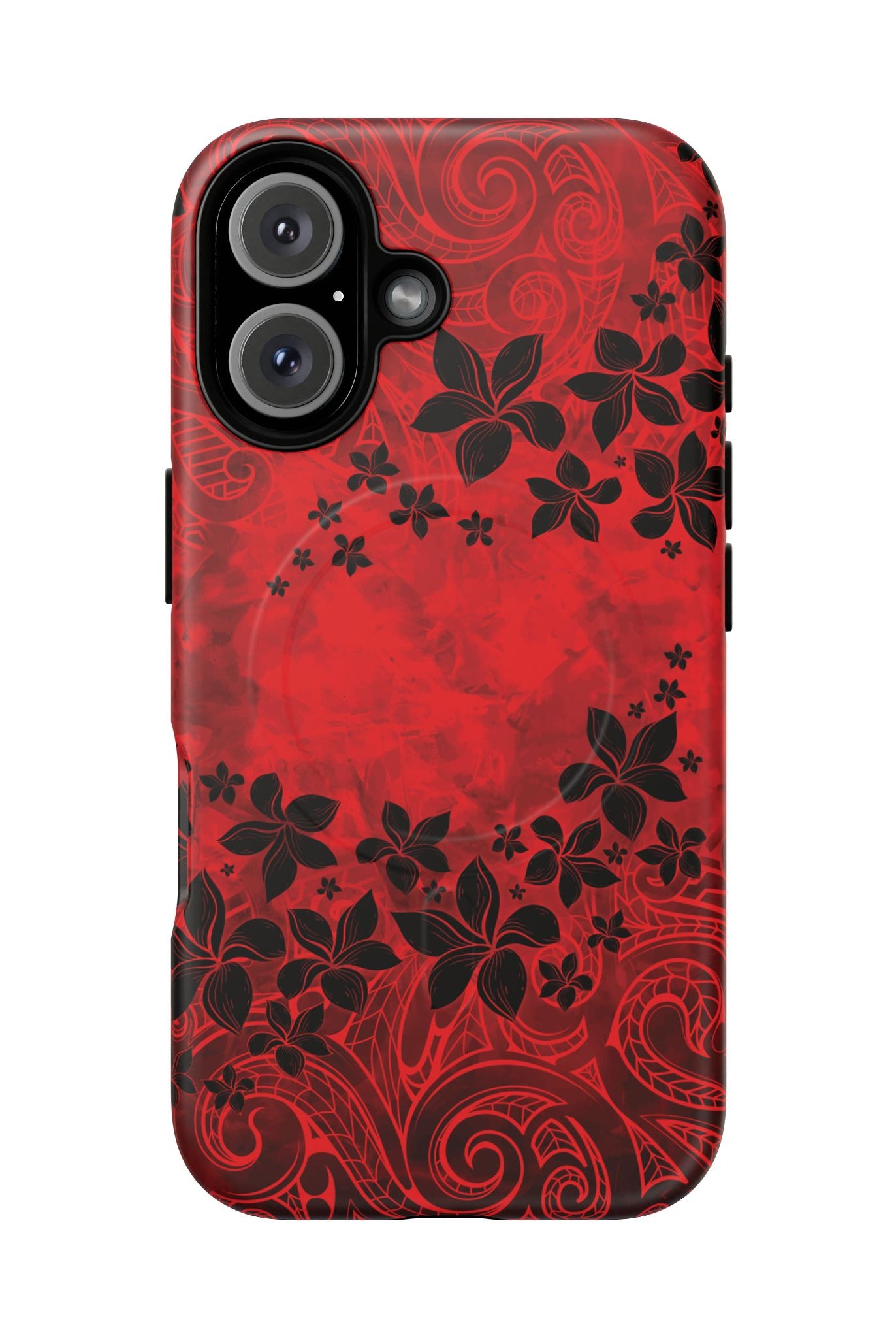 Woman holding Keahi Pua MagSafe iPhone Case - Hawaiian Fire Flower Red Tribal Floral Design - The Local Banyan