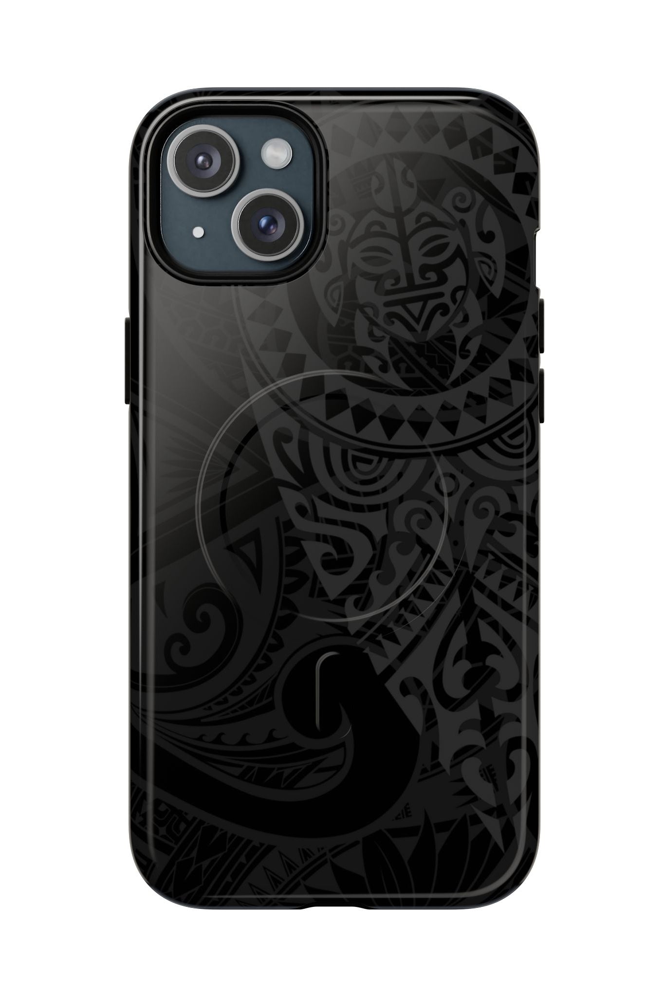 Tribal Guardian MagSafe iPhone Case iPhone 15 Plus Glossy - Hawaiian Black on Black Polynesian Tribal Design - The Local Banyan