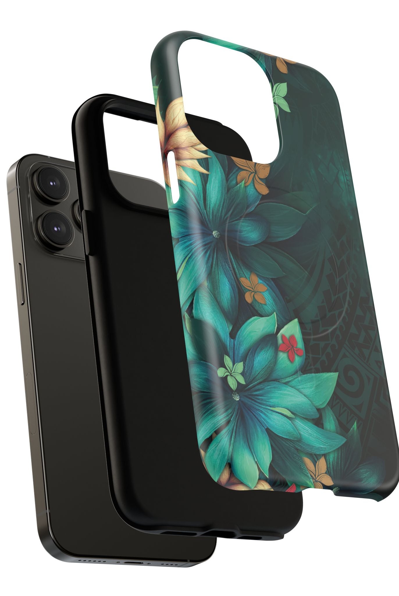 Aloha Whispers MagSafe iPhone Case Detail View - Hawaiian Abstract Green Floral Polynesian Design Close Up - The Local Banyan