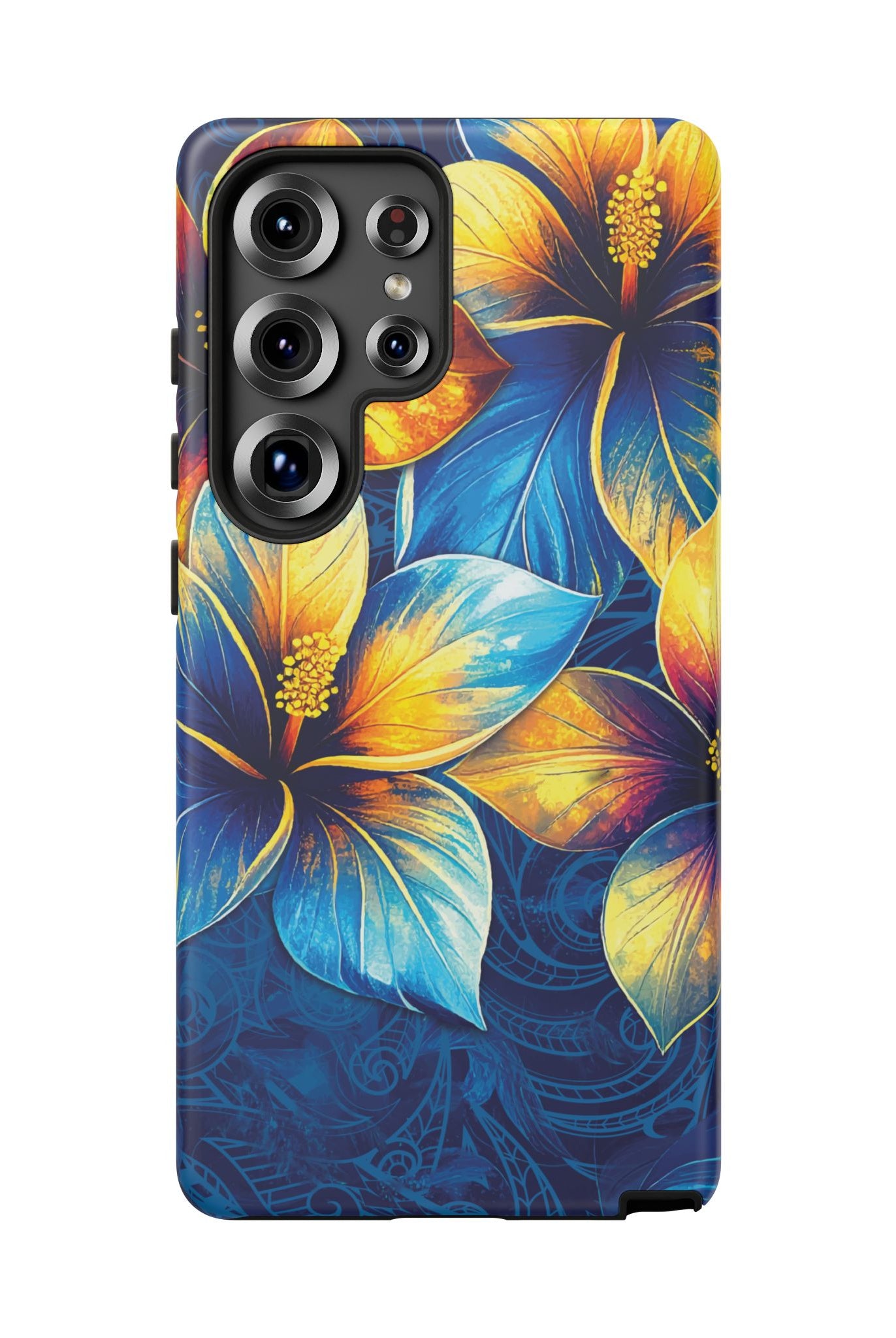 Pua La Tough Samsung Galaxy Case Detail View - Hawaiian Golden Hibiscus Sun Flower Sapphire Design Close Up - The Local Banyan
