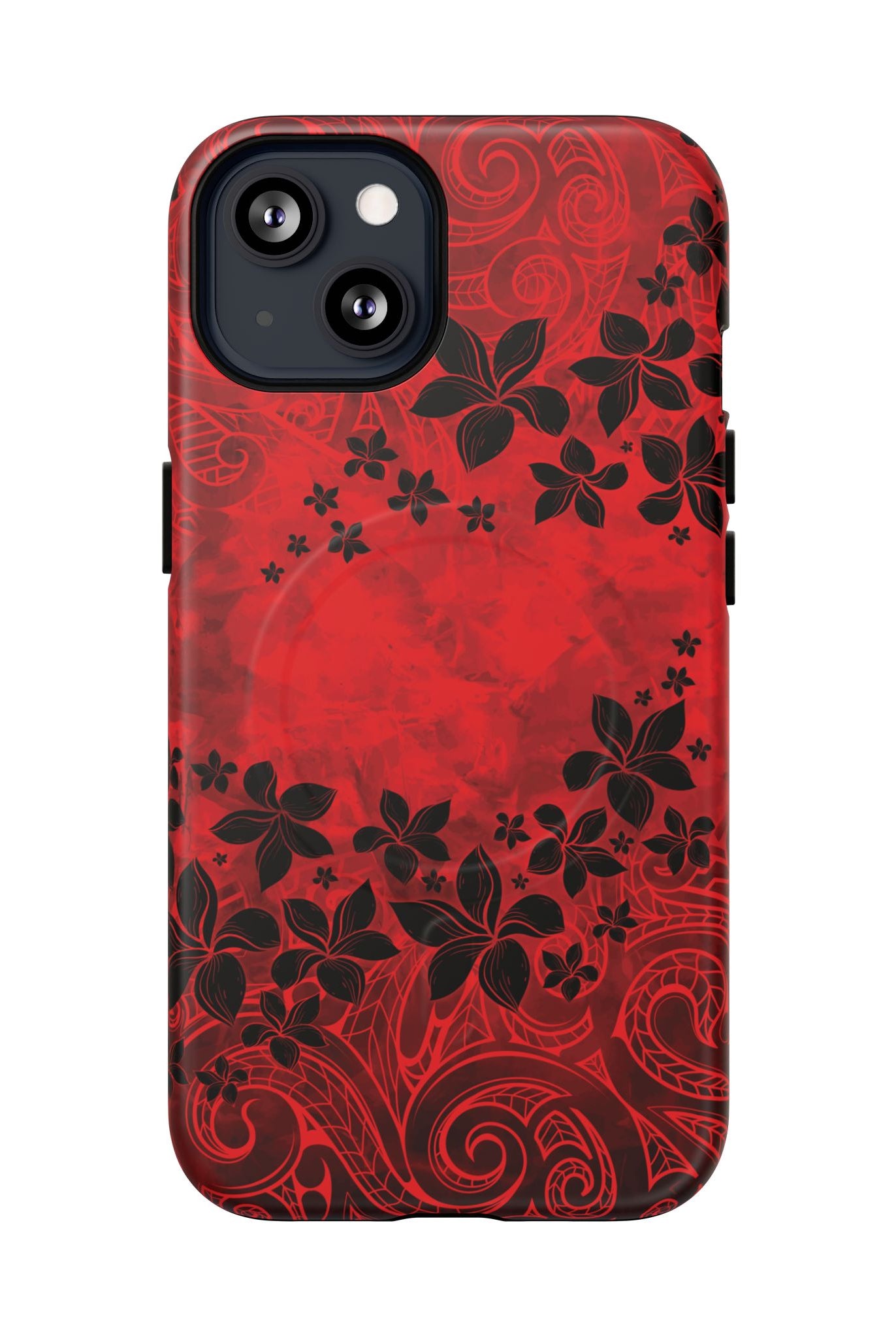 Woman holding Keahi Pua MagSafe iPhone Case - Hawaiian Fire Flower Red Tribal Floral Design - The Local Banyan