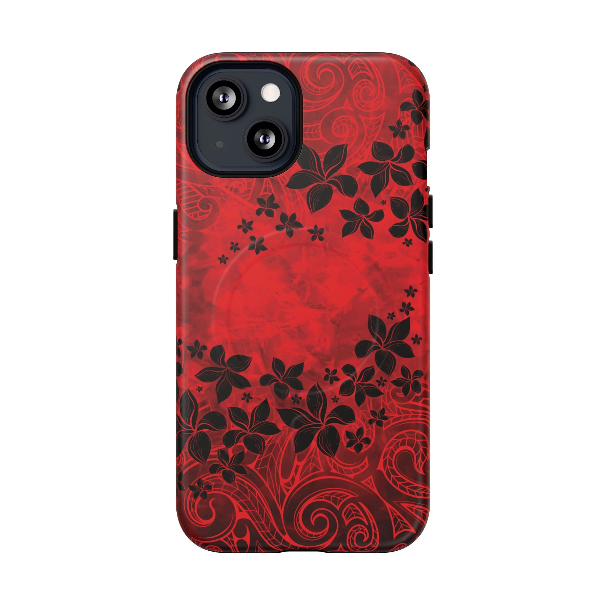 Woman holding Keahi Pua MagSafe iPhone Case - Hawaiian Fire Flower Red Tribal Floral Design - The Local Banyan