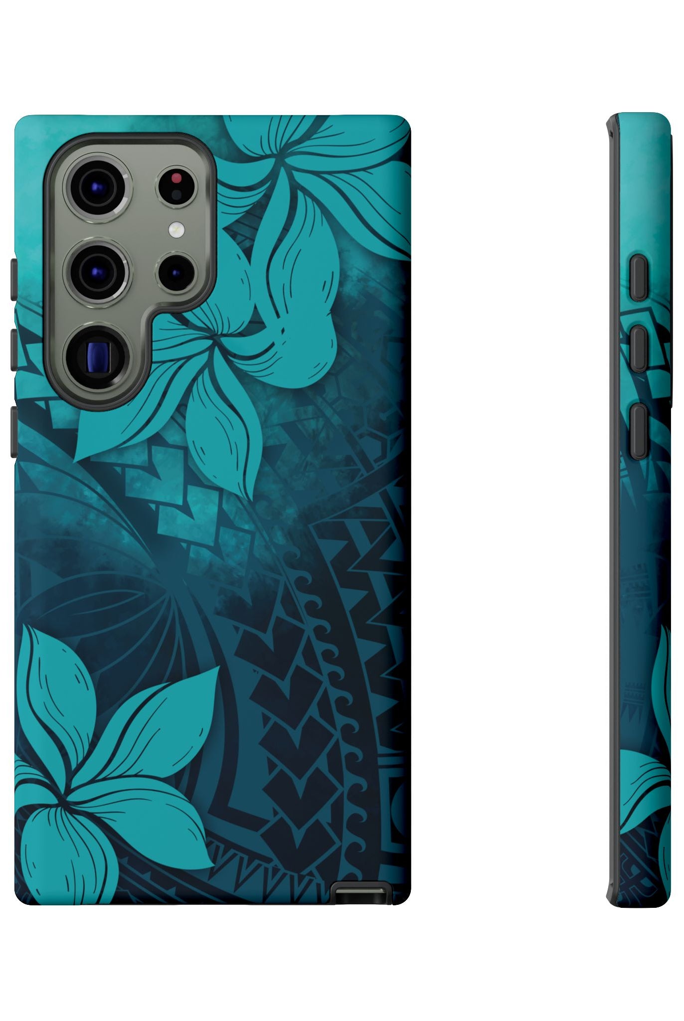 Woman holding Moana Bloom Tough Samsung Galaxy Case - Hawaiian Teal Plumeria Ocean Tribal Design - The Local Banyan