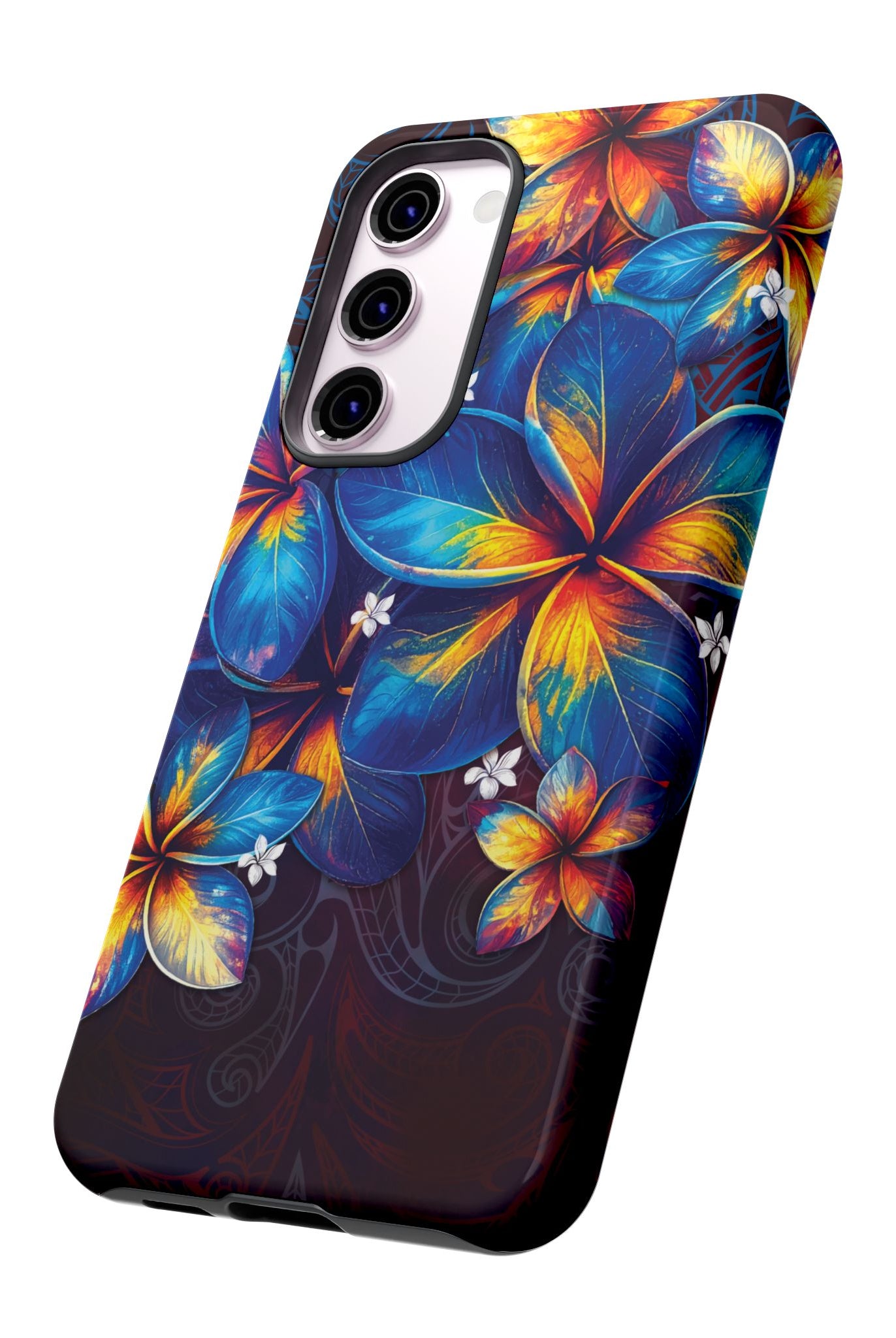 Woman holding Nohea Twilight Tough Samsung Galaxy Case - Hawaiian Blue Orange Plumeria Twilight Design - The Local Banyan
