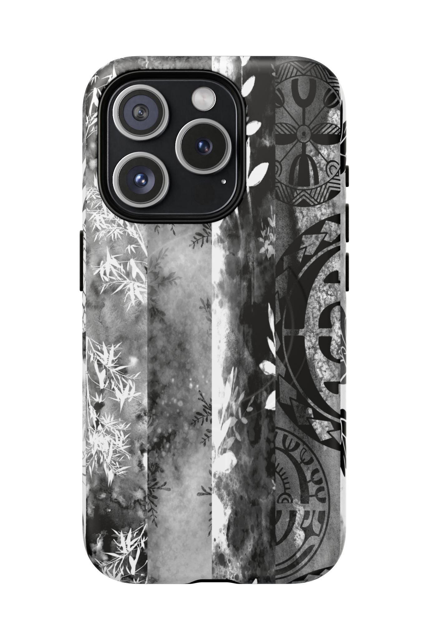 Monochrome Oasis MagSafe iPhone Case iPhone 15 Pro Matte - Hawaiian Black White Botanical Tribal Design - The Local Banyan